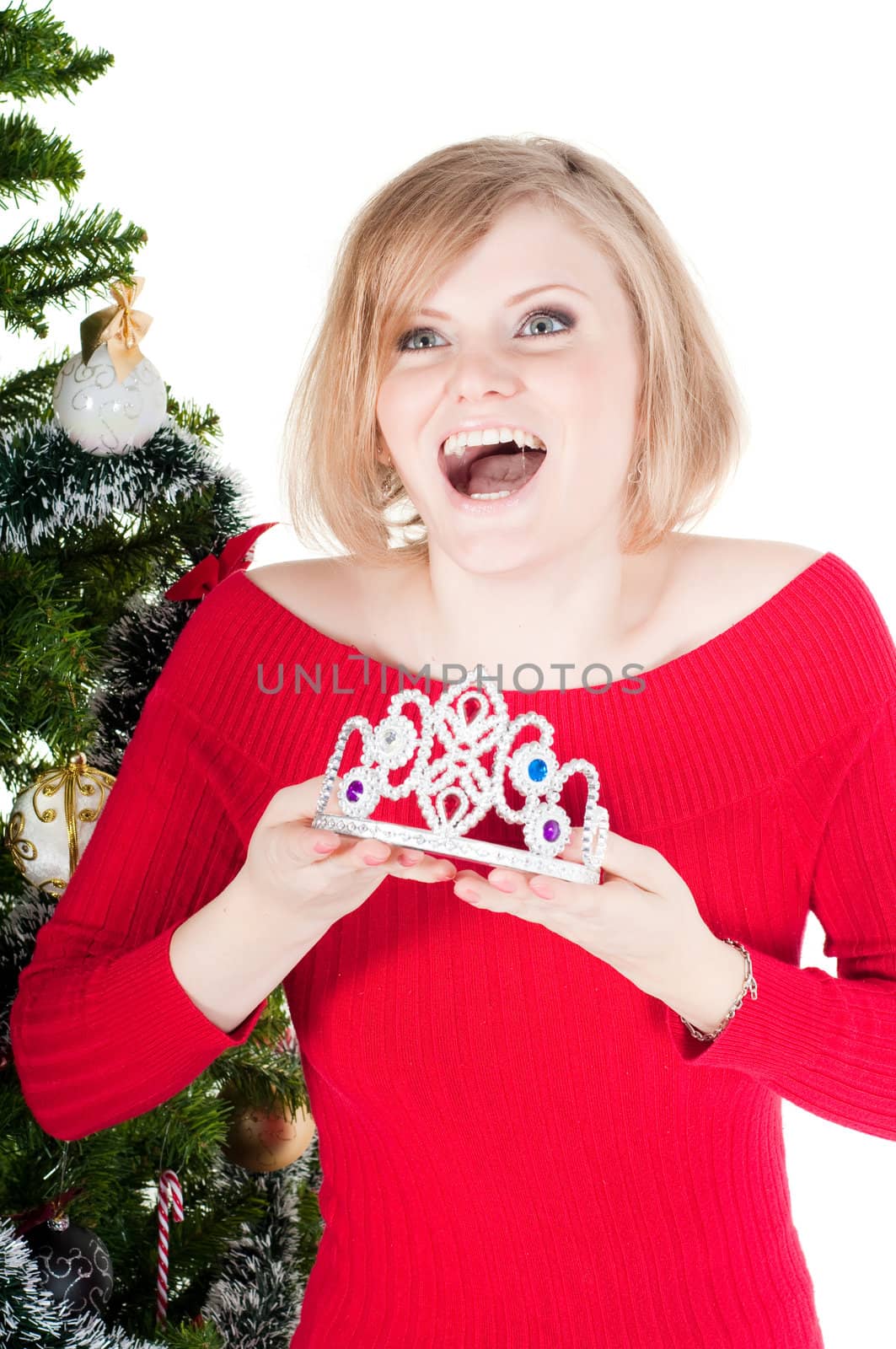 Happy woman with Christmas presents and tree isolated on white