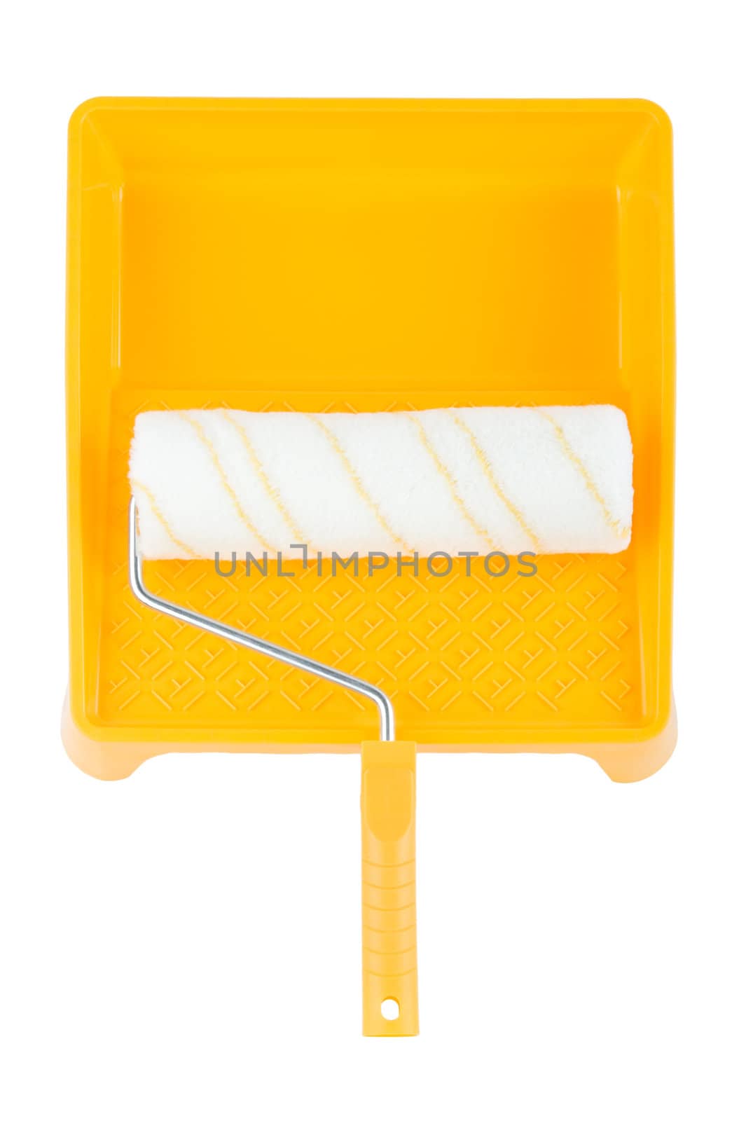 Paint roller in yellow paint tray over isolated  white background