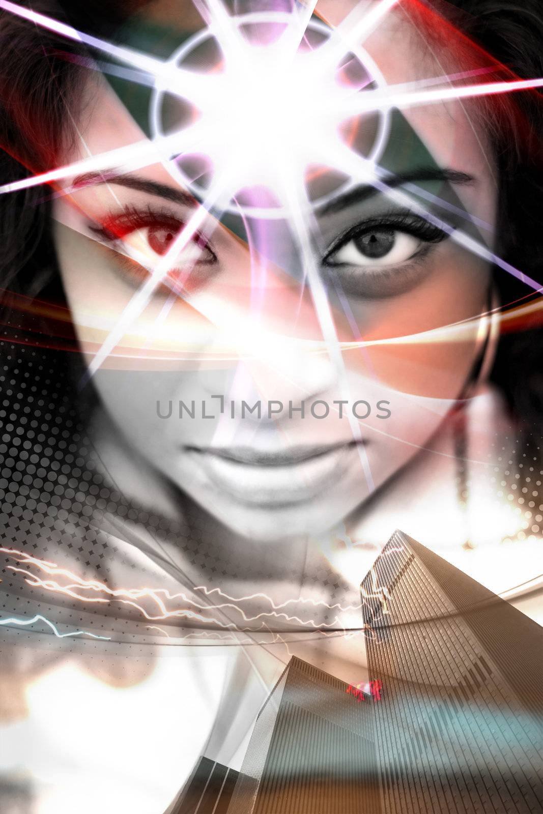 An abstract montage of a beautiful  woman with a starburst coming from her forehead.