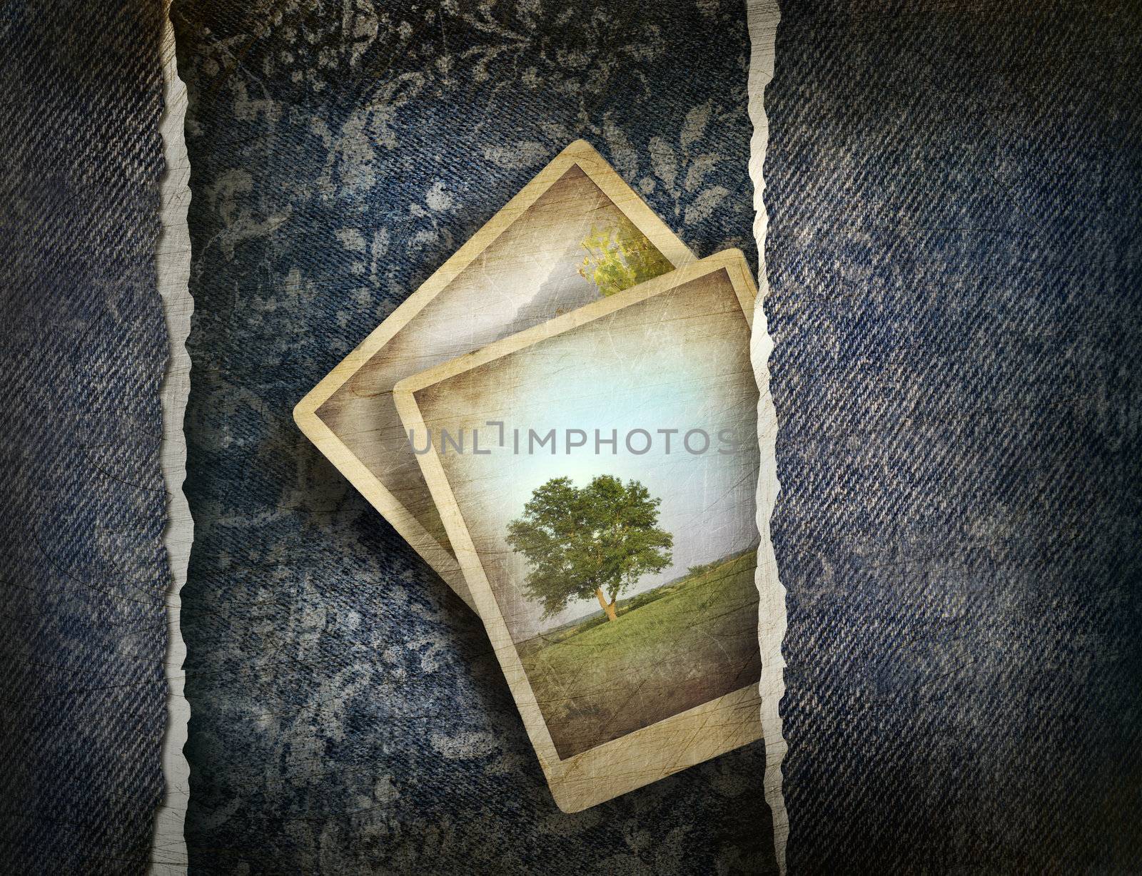 Grungy denim with photos on faded floral background