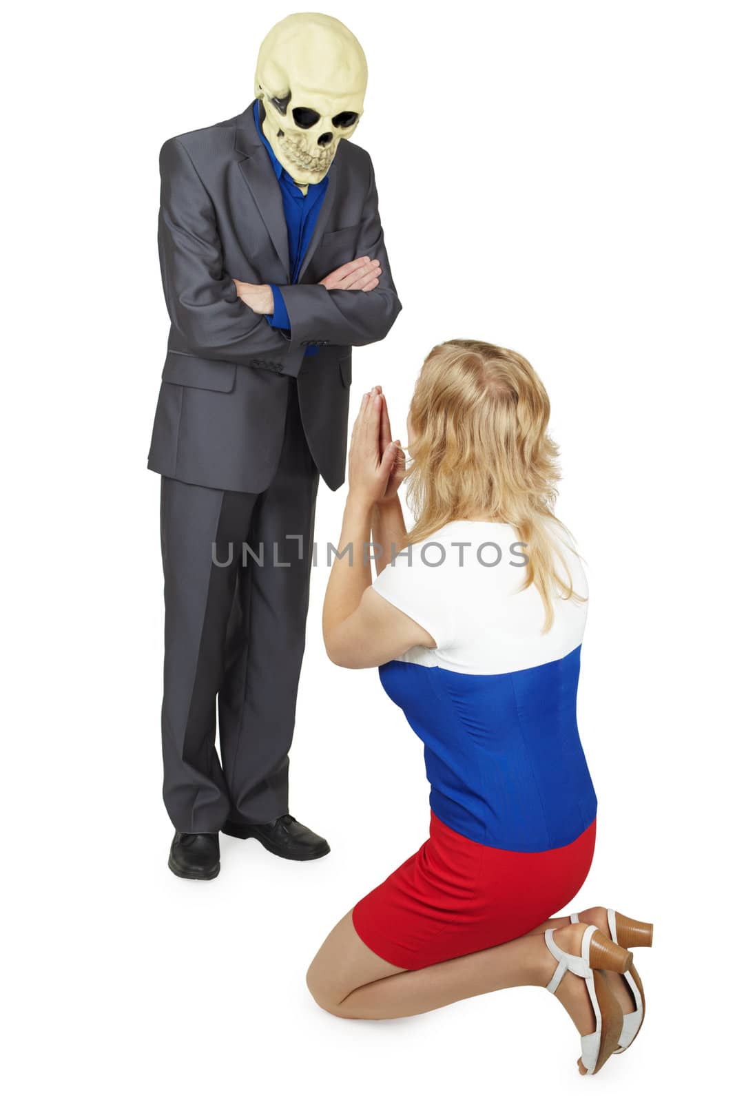 The young woman asks death about mercy kneeling