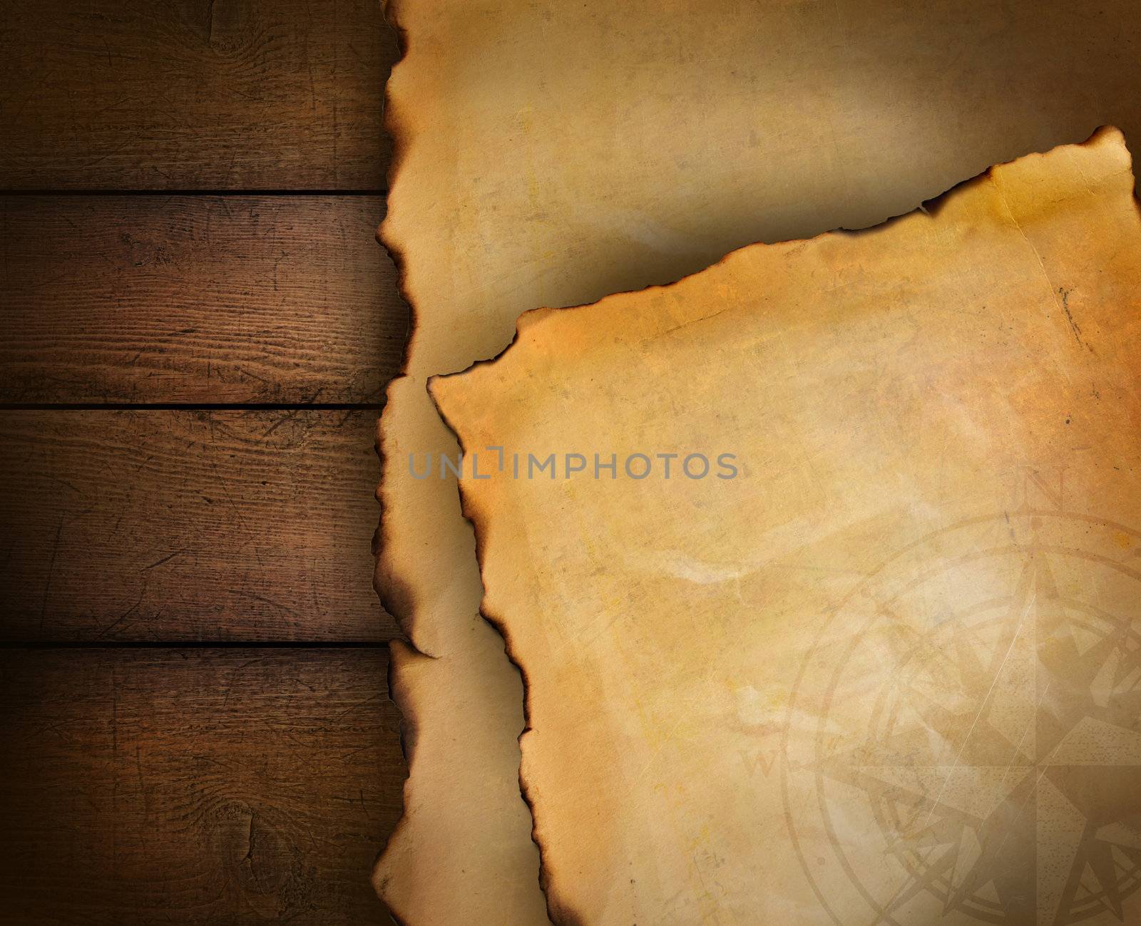 Closeup of parchment paper on wood background