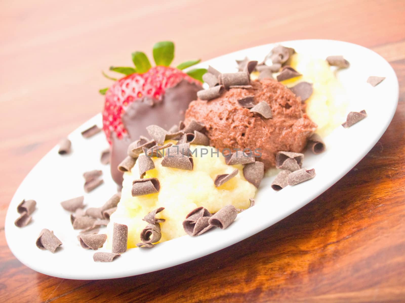 Delicious icecream  dessert on white plate