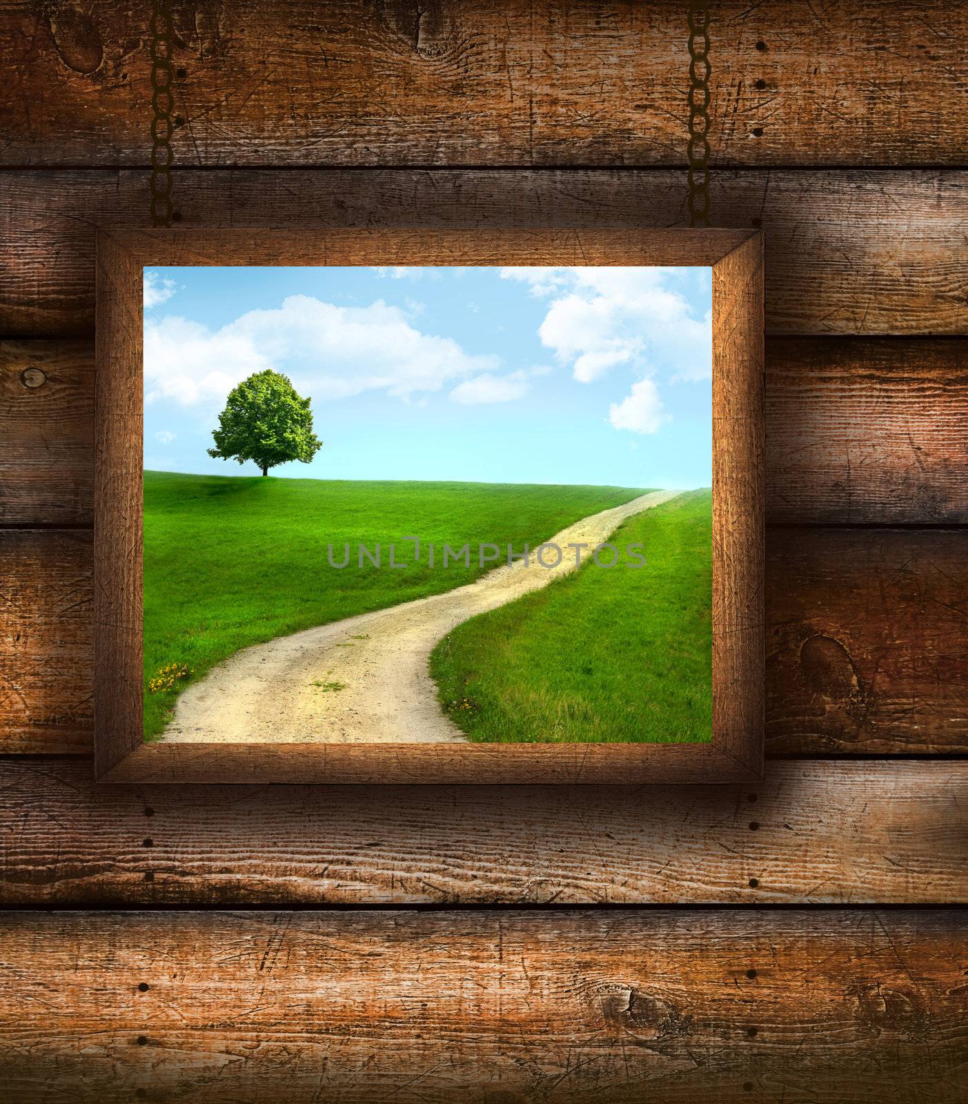 Wood picture frame on on pine wood background