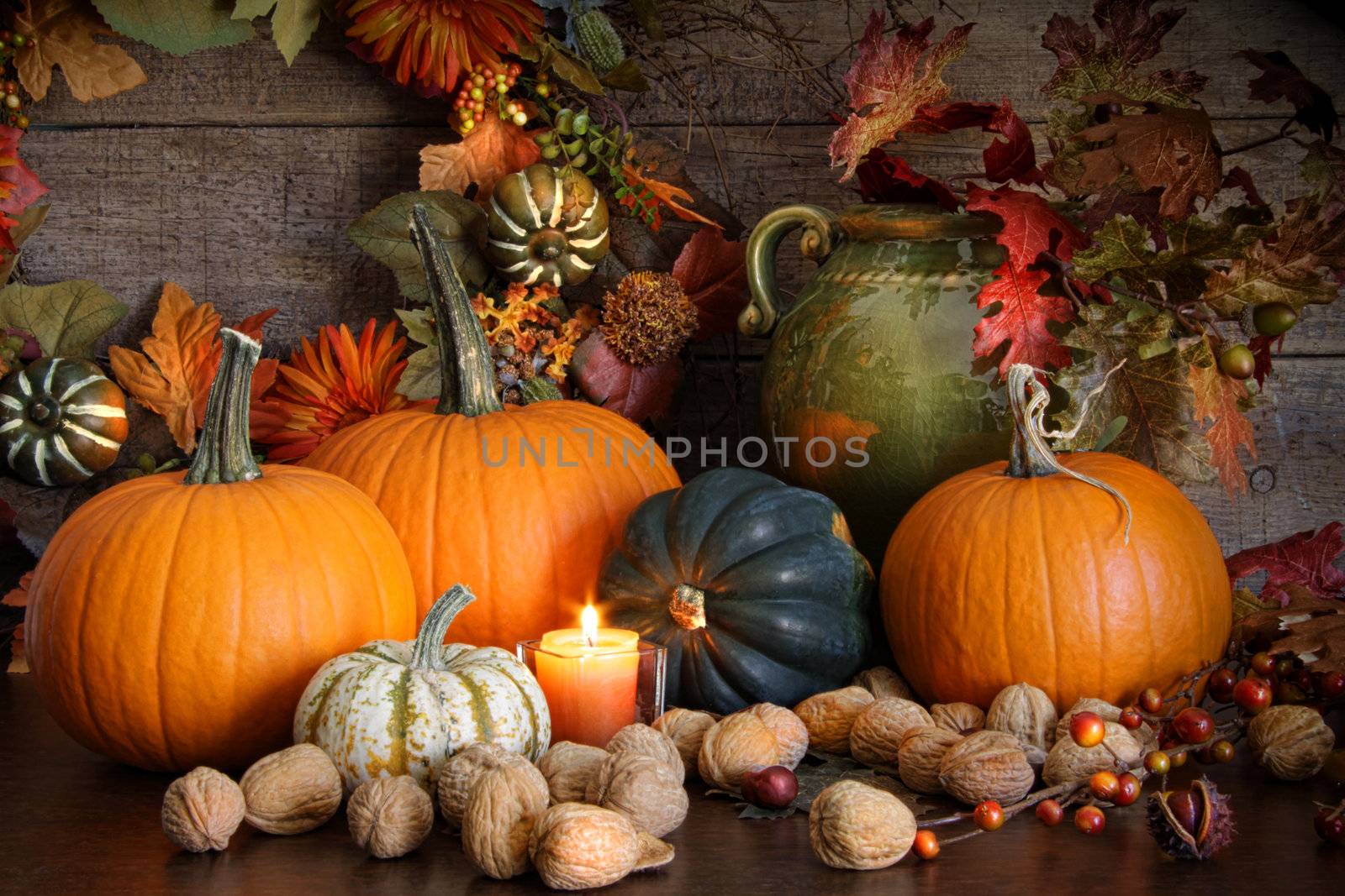 Still life harvest  with pumpkins, nuts and gourds for Thanksgiving 