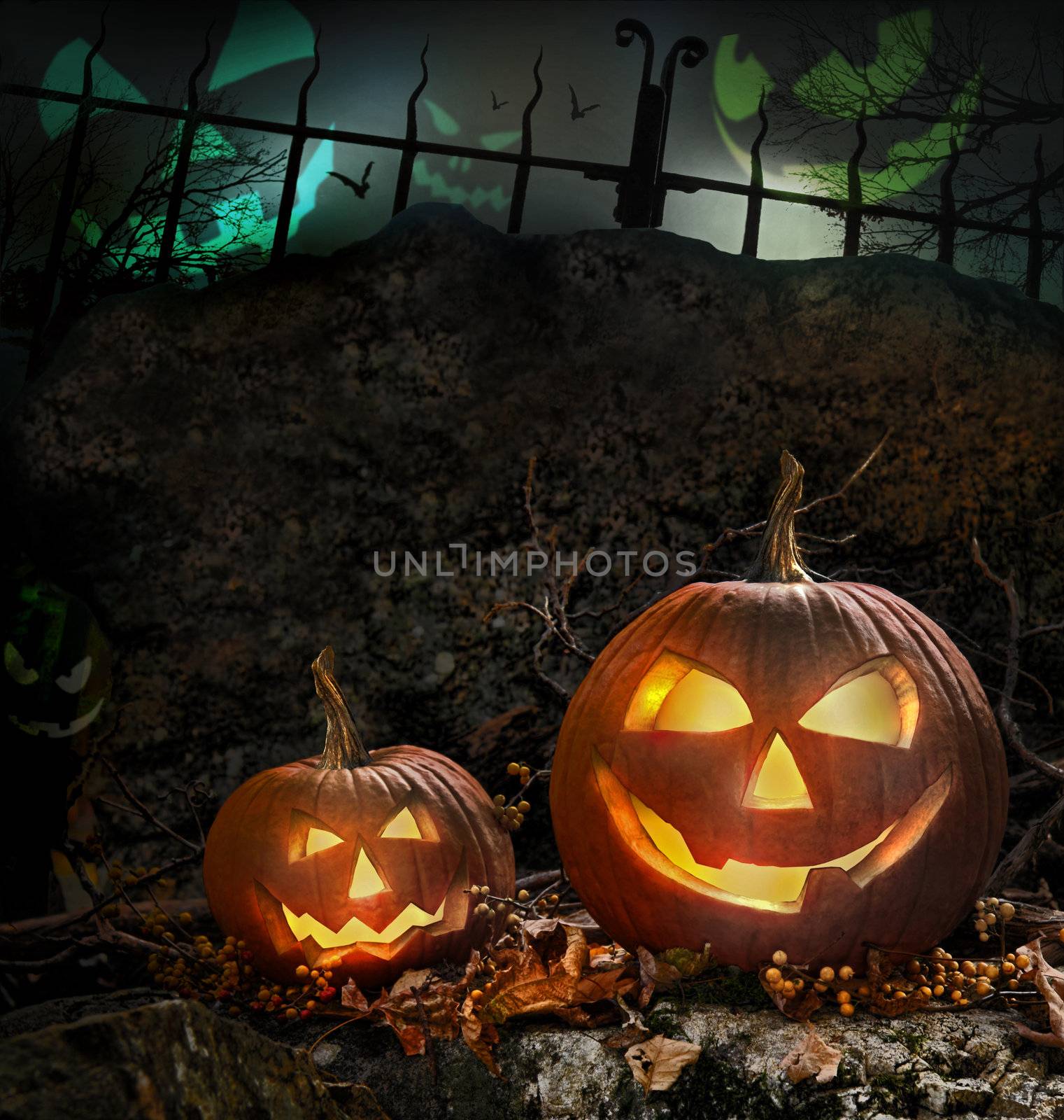Halloween pumpkins on rocks in a forest at night