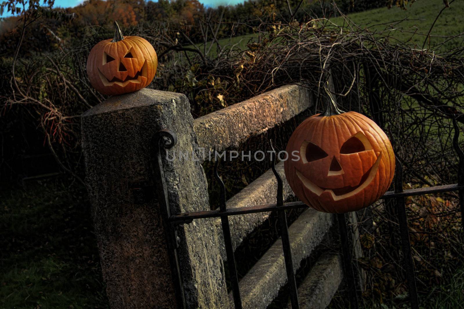Two Halloween pumpkins sitting on a fence