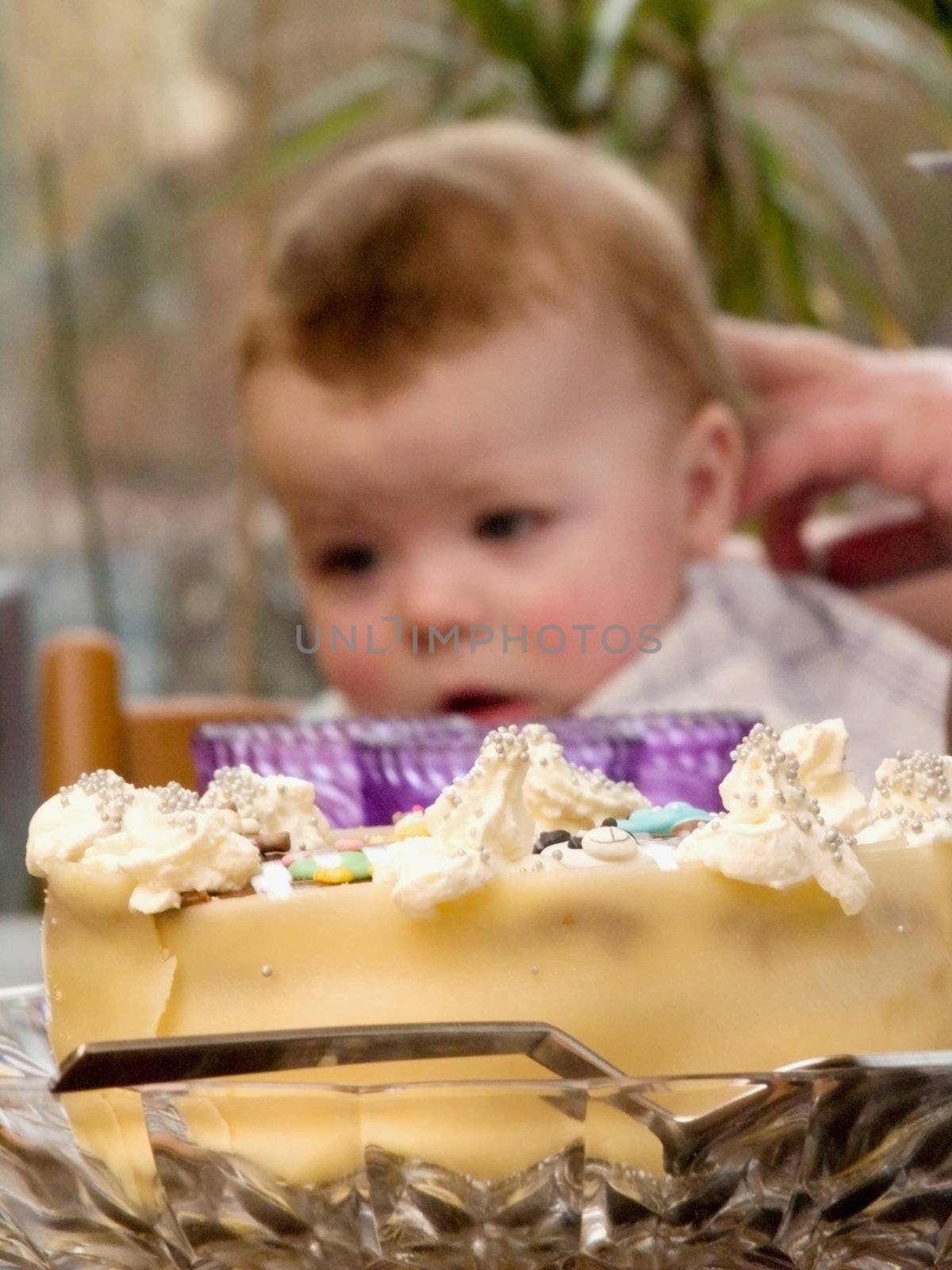 Birthday cake and baby  boy on his birthday