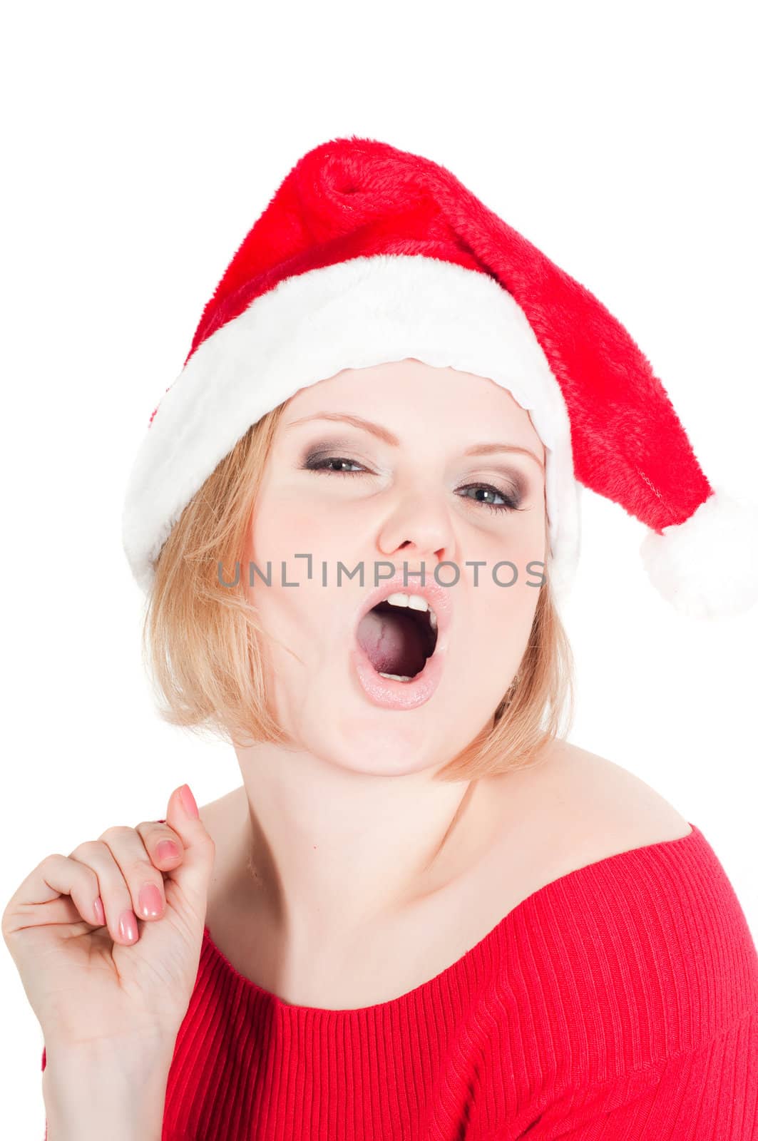 Portrait of beautiful woman santa isolated on white