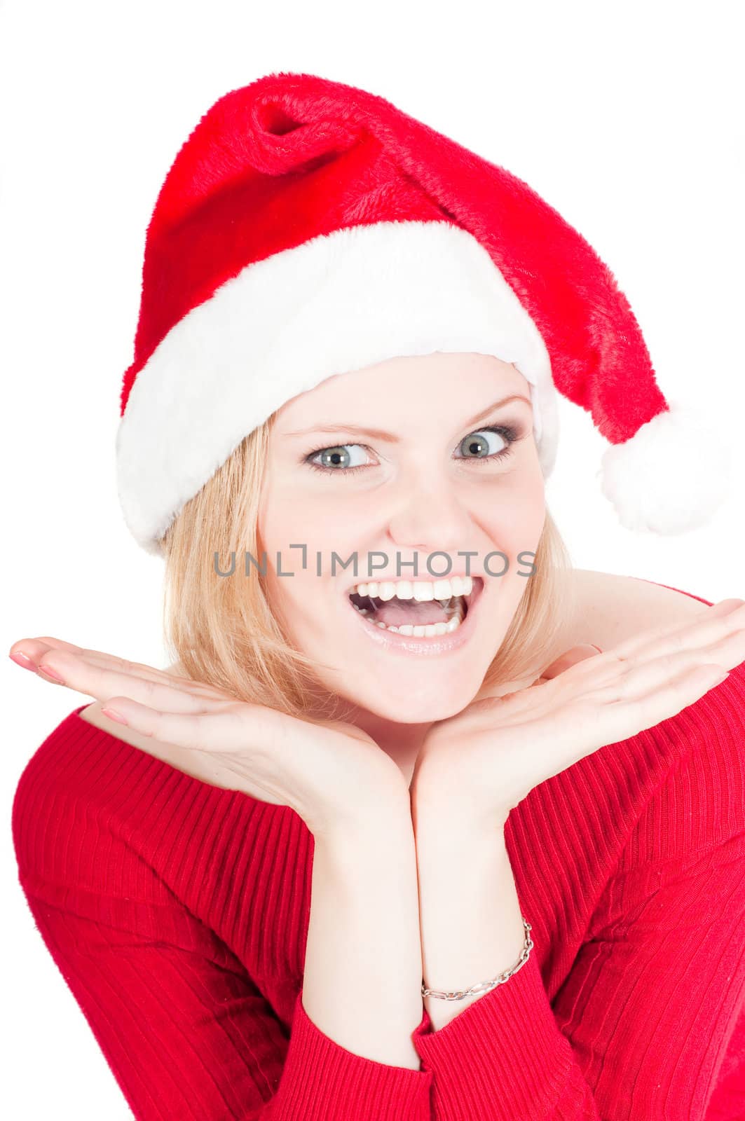 Portrait of beautiful woman santa isolated on white