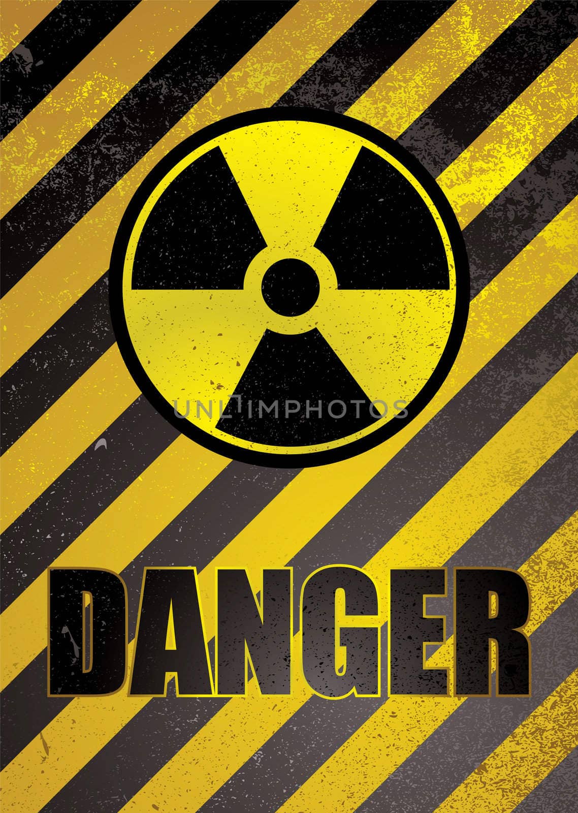 Warning poster in yellow and black stripes with nuclear image