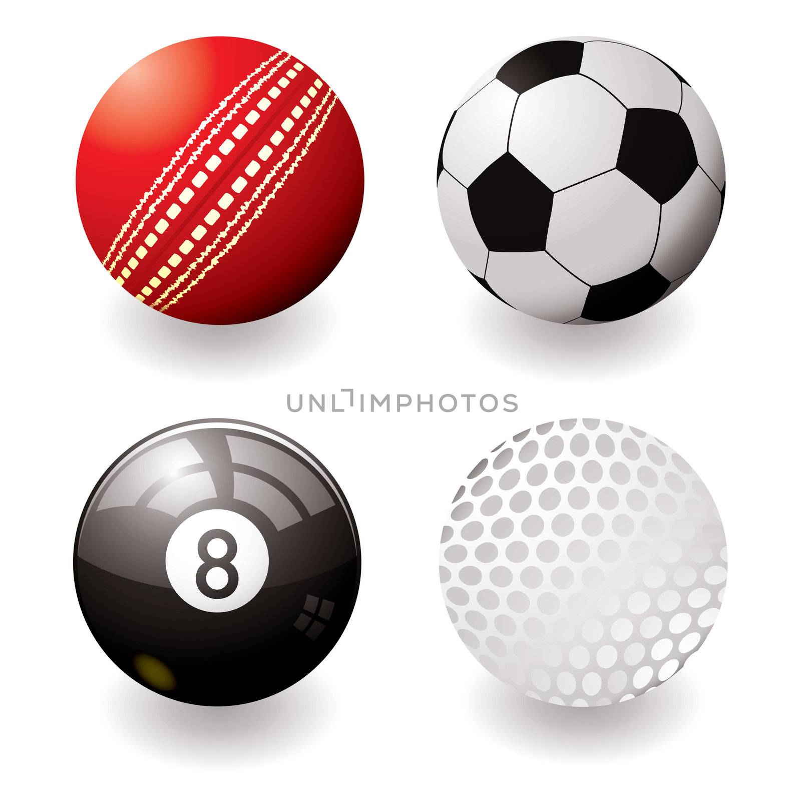 Collection of four sports balls with shadow and gradient