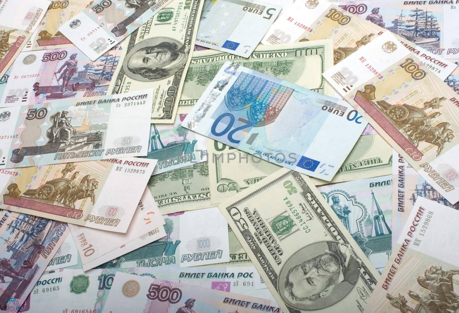 Background from roubles, dollars and euro. A close up