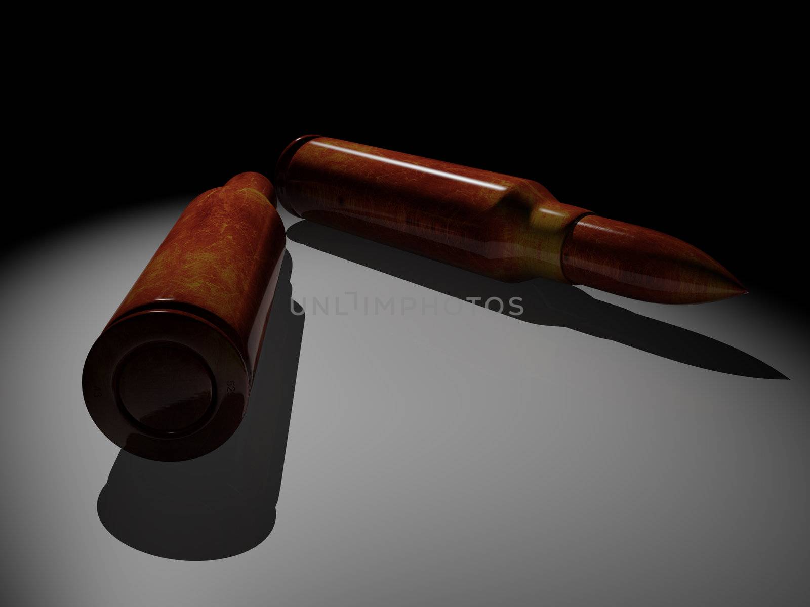 scratched bullet caliber 7.62 lighted on the dark background