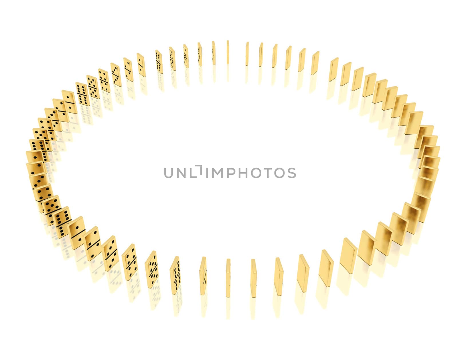 On a image  is shown golden dominoes which placed in a circle shape on a white background and mirror floor