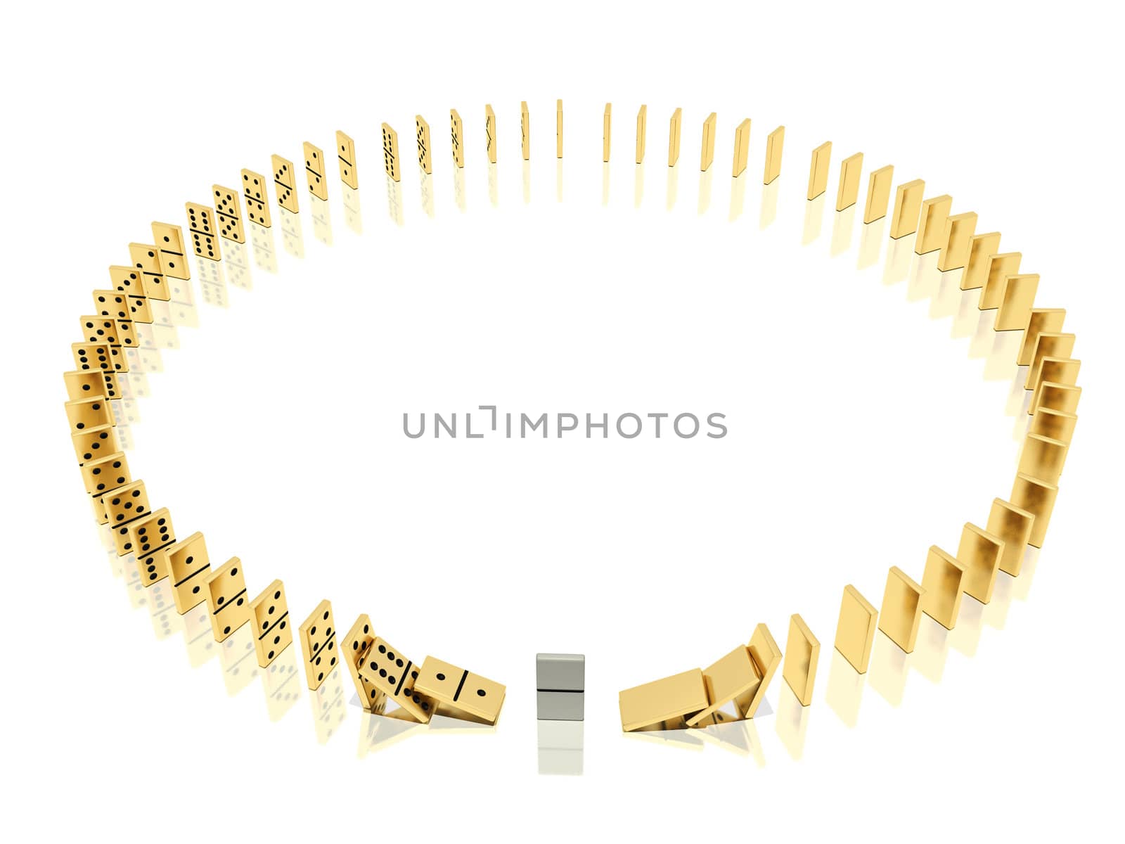 On a image  is shown golden dominoes which placed in a circle shape on a white background and mirror floor and especial domino bone because of which the dominoes effect  was started