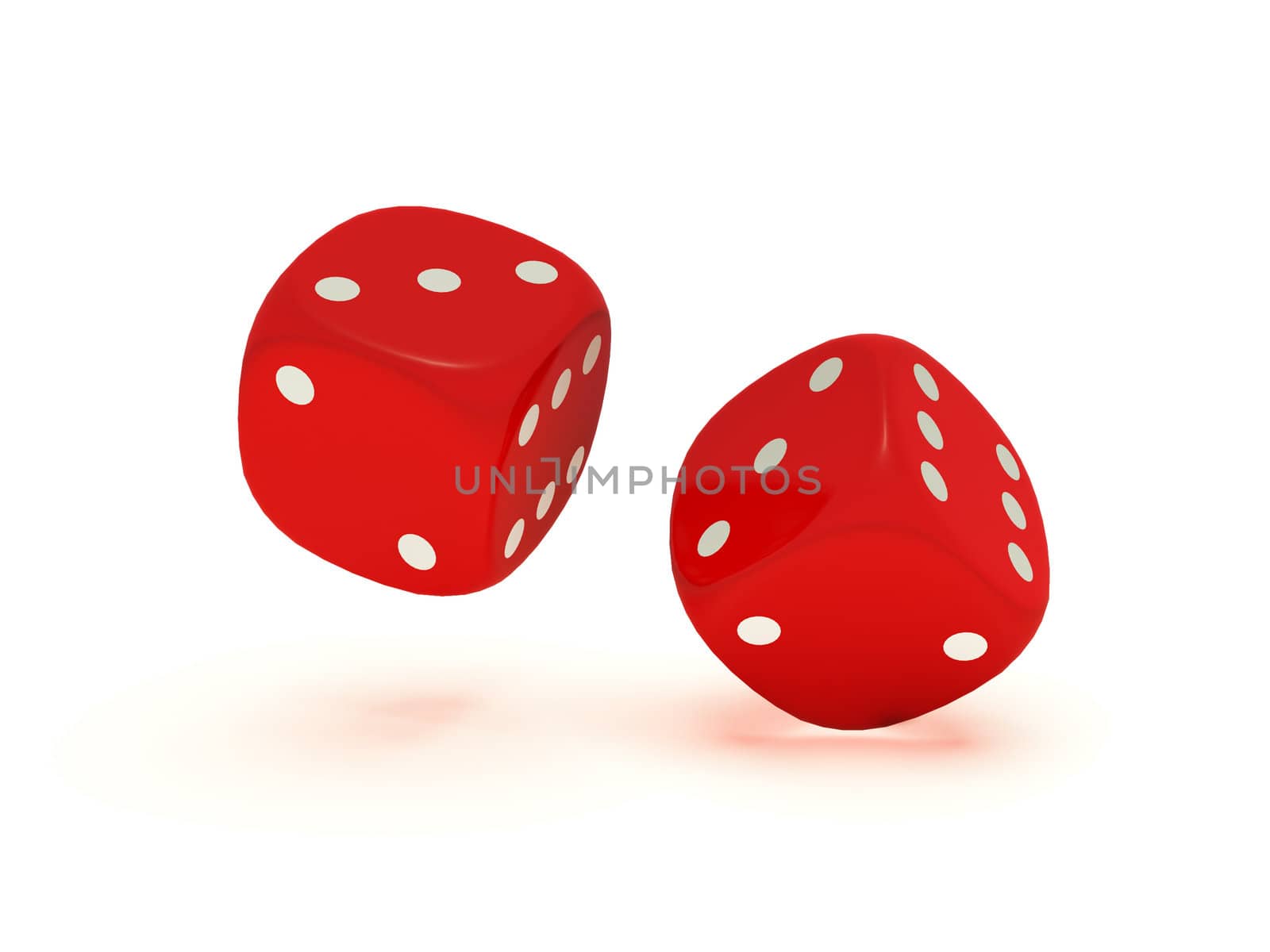 Two floating red dices on a white background.