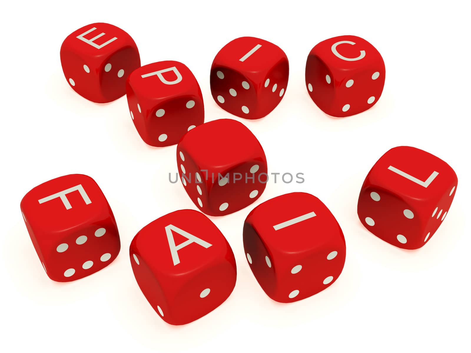 Red dice with labeled "Epic Fail" on the upper plane