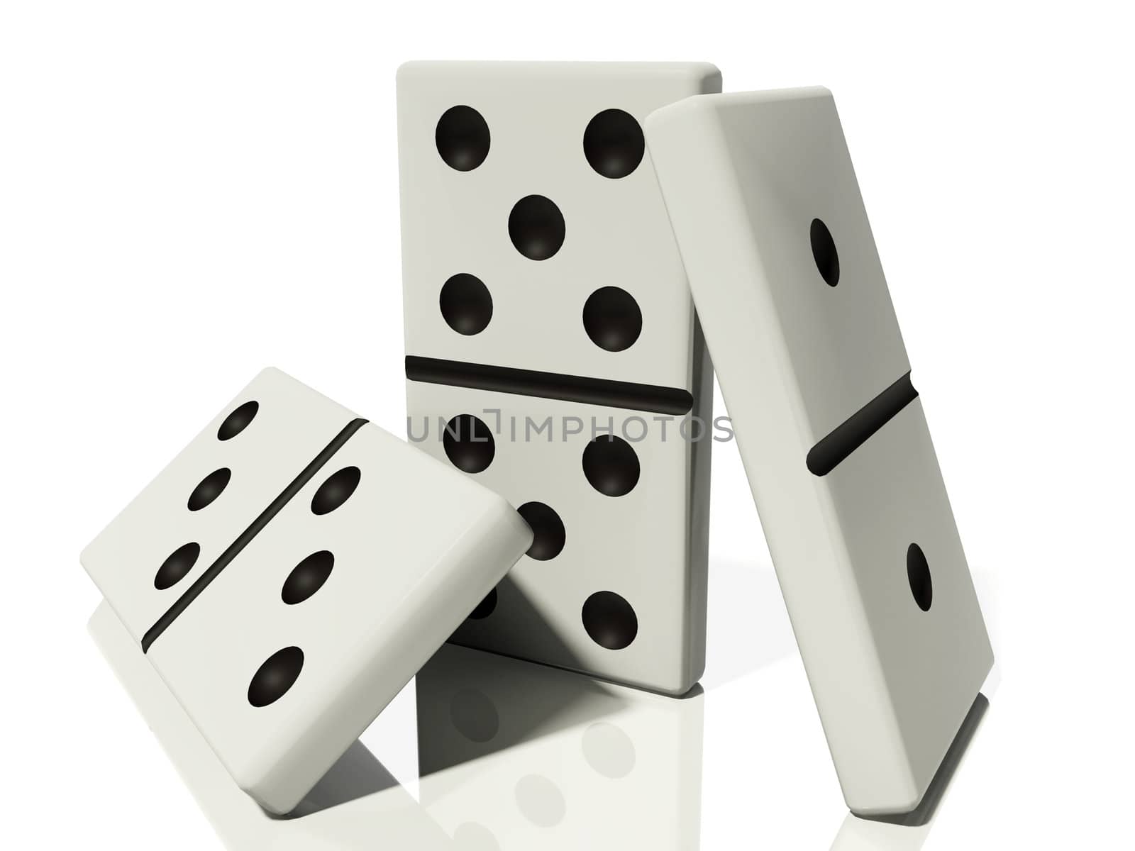 three dominoes in various poses are isolated on a white background with reflections and shadows