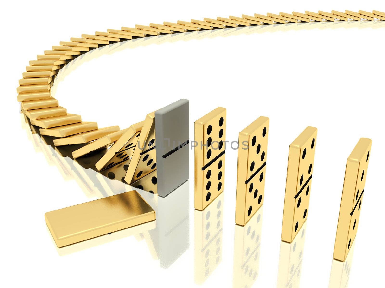 On a image  is shown golden domino bones on a white background  in action of  dominoes effect which was halted with help of particular domino bone placed instead of the usual which lies close