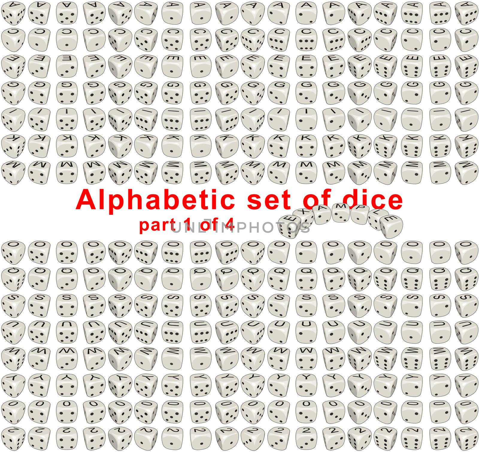 Sprites set Alphabetic Dice it's full set consist from letters, digits and signs on a top side of the dice. Dice are rotated on 360 deg with step of 20 degrees. On lateral sides dice looks like usual dice. By means of the given set it is possible to make any inscription from dice. Each sprite have size 256x256 pixels.
Part 1 of 4