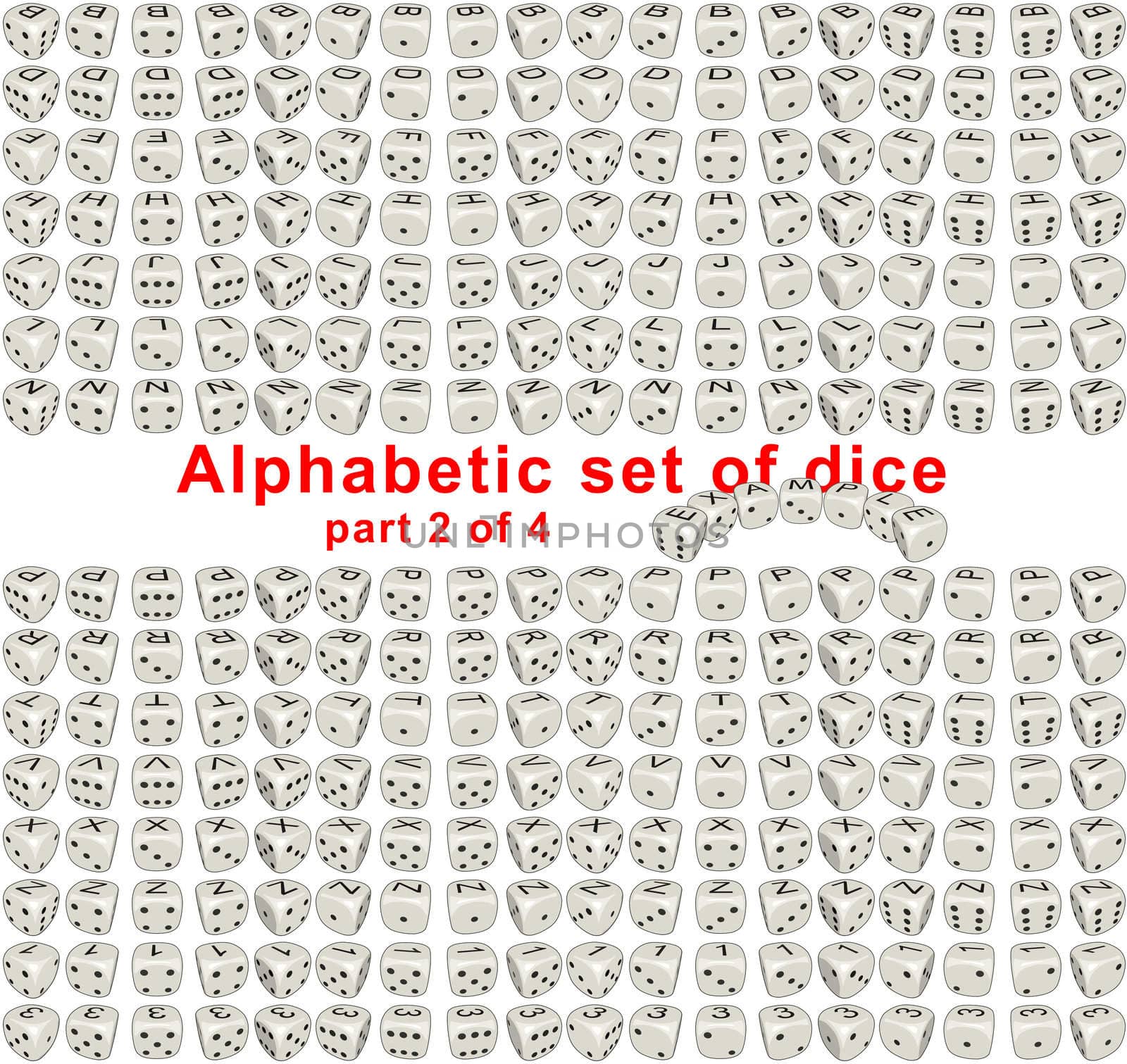 Sprites set Alphabetic Dice it's full set consist from letters, digits and signs on a top side of the dice. Dice are rotated on 360 deg with step of 20 degrees. On lateral sides dice looks like usual dice. By means of the given set it is possible to make any inscription from dice. Each sprite have size 256x256 pixels.
Part 2 of 4