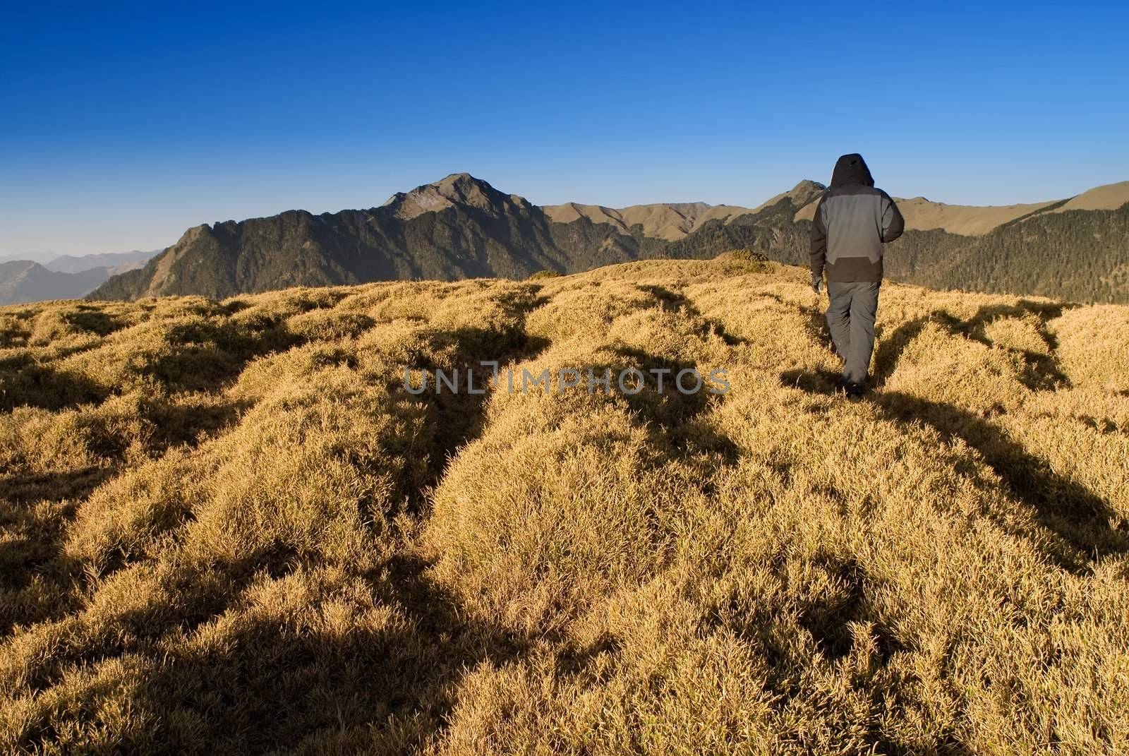 A man walked toward the mountain with day light.