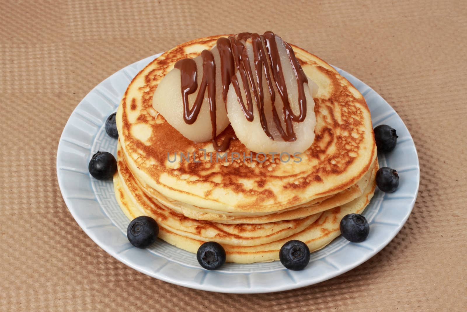 pancakes with bleuberries, pear and chocolate