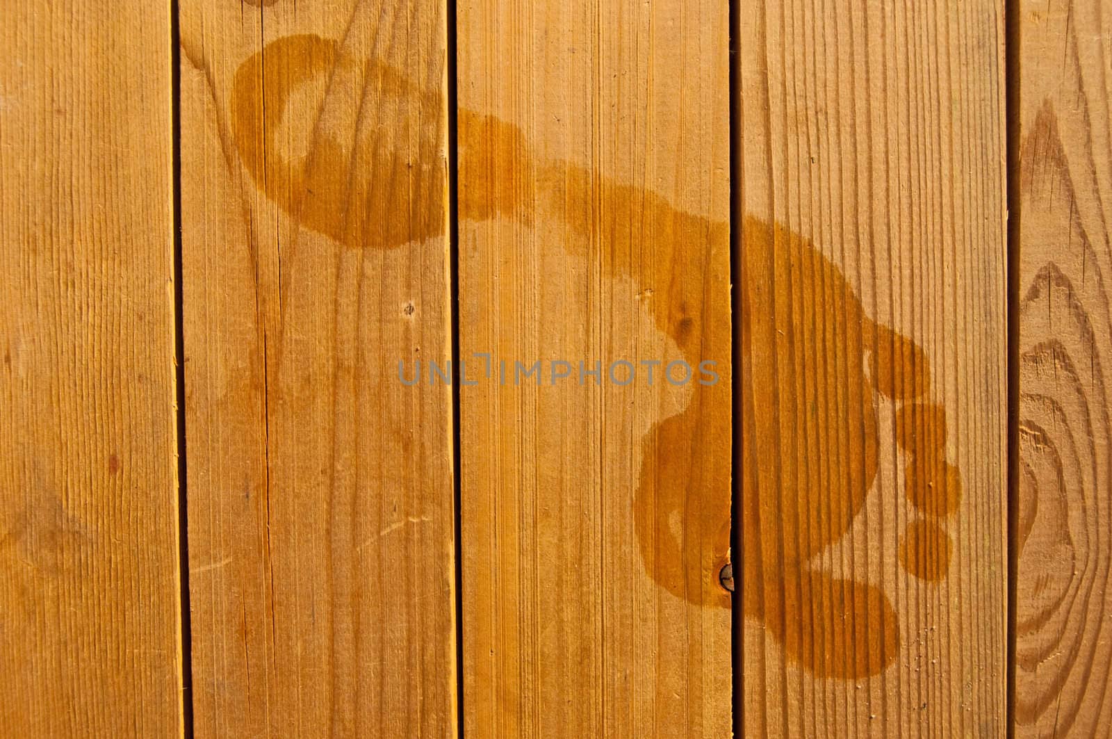 Wet footprints on wooden planks.