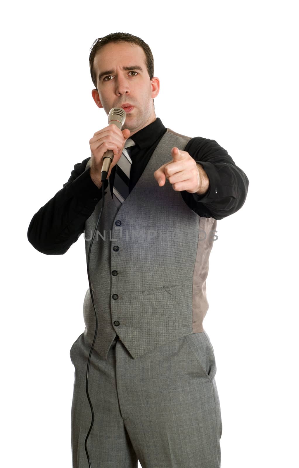 A young motivational speaker is talking into a microphone, isolated against a white background