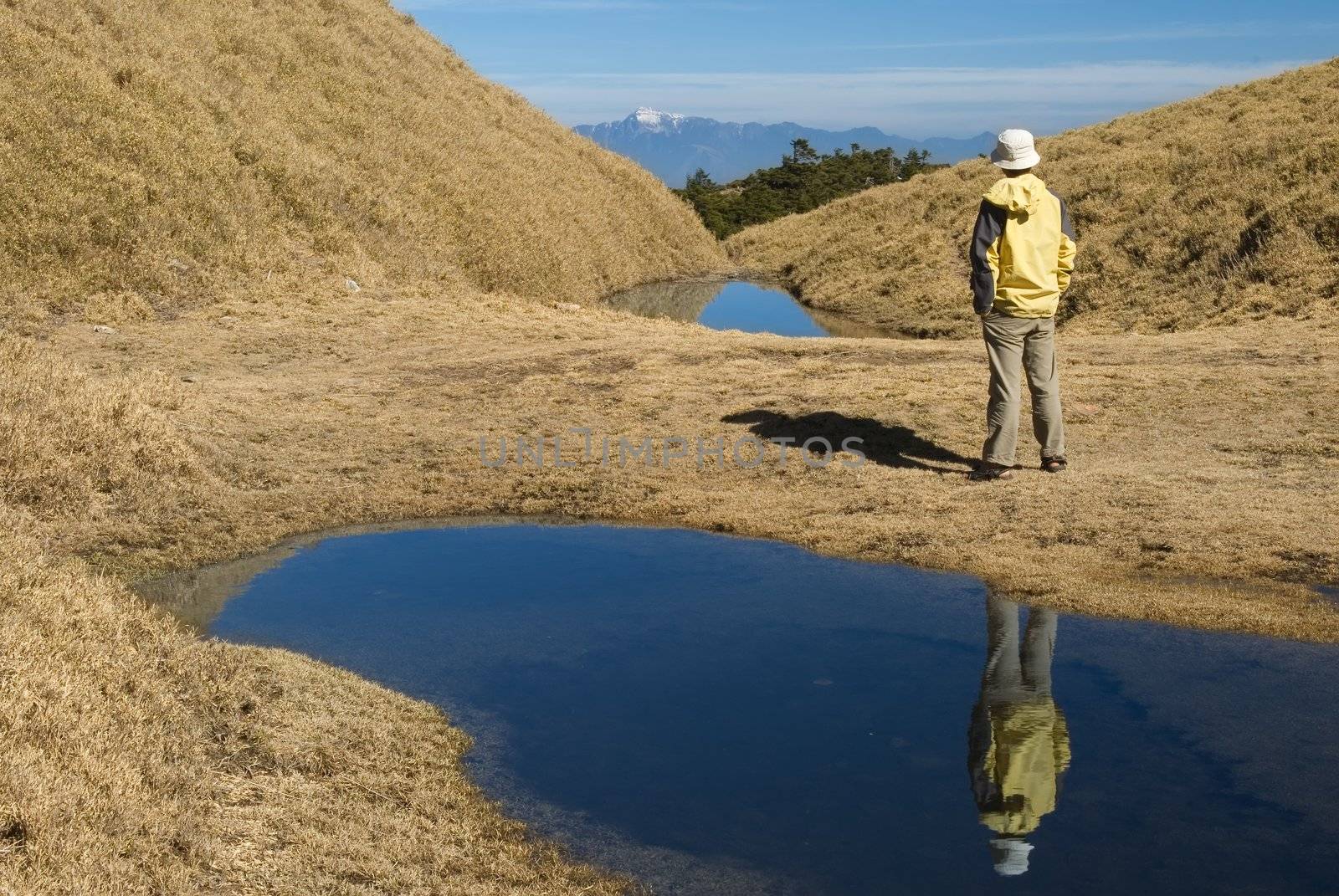Watching mountain stand on golden grassland lake in morning.