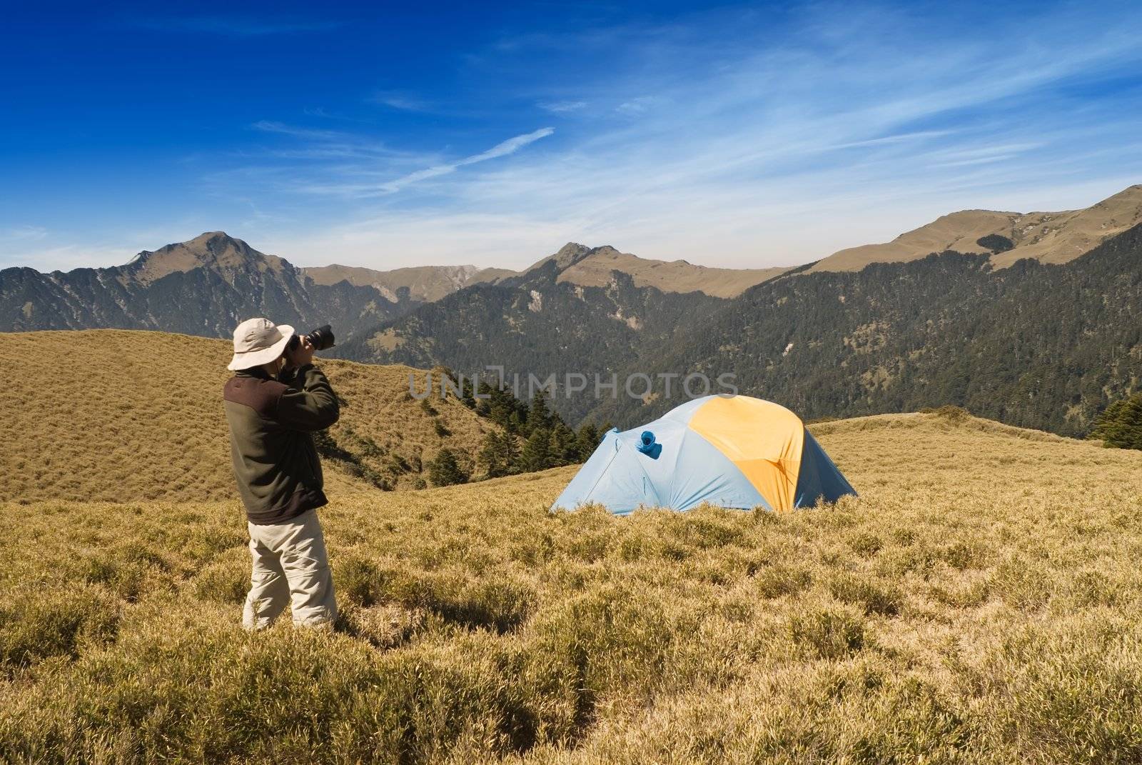 Special tent set on the grassland of high mountain.