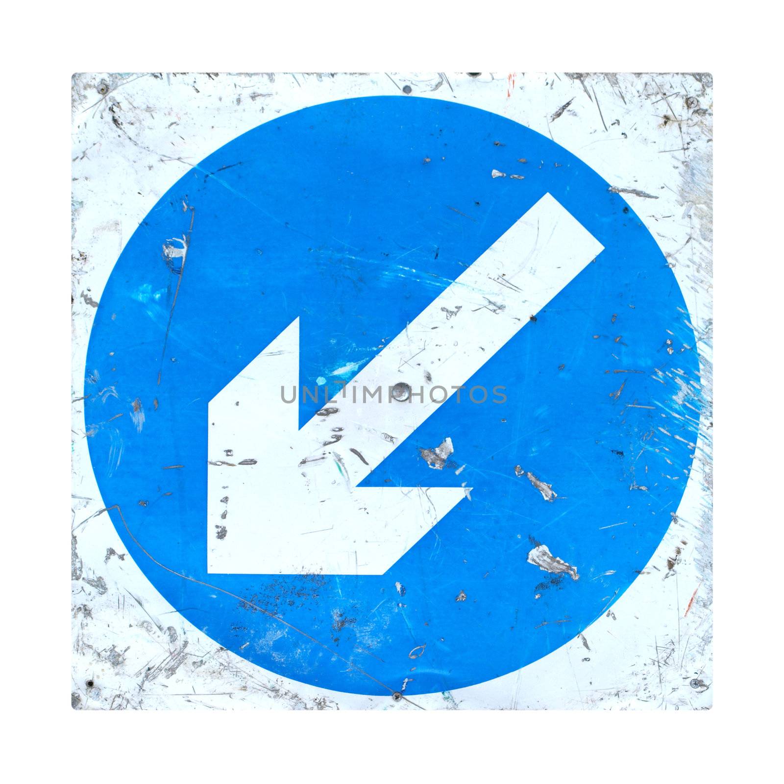 Direction sign with white arrow over blue background