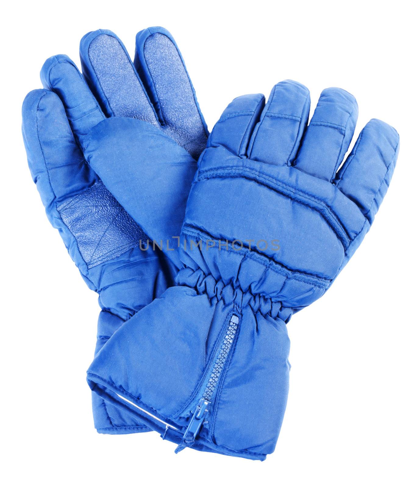 Blue polyester gloves for winter kinds of sport. Isolated on white background