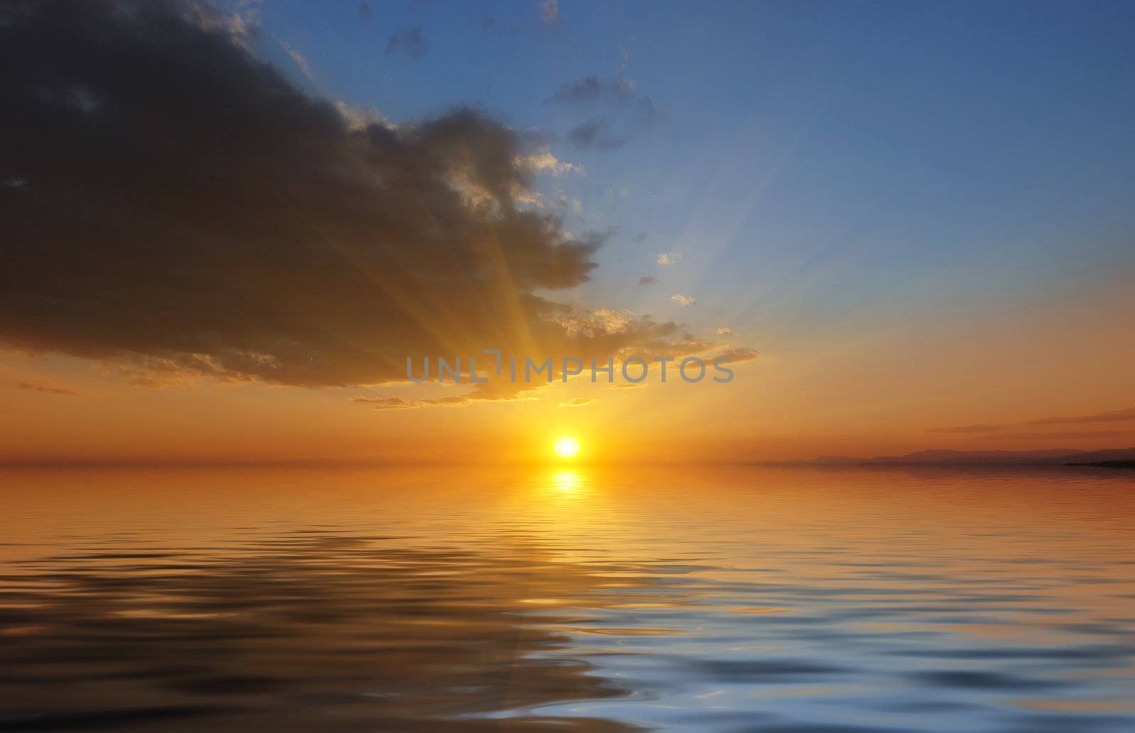 Surreal sunset on the sea with clouds.