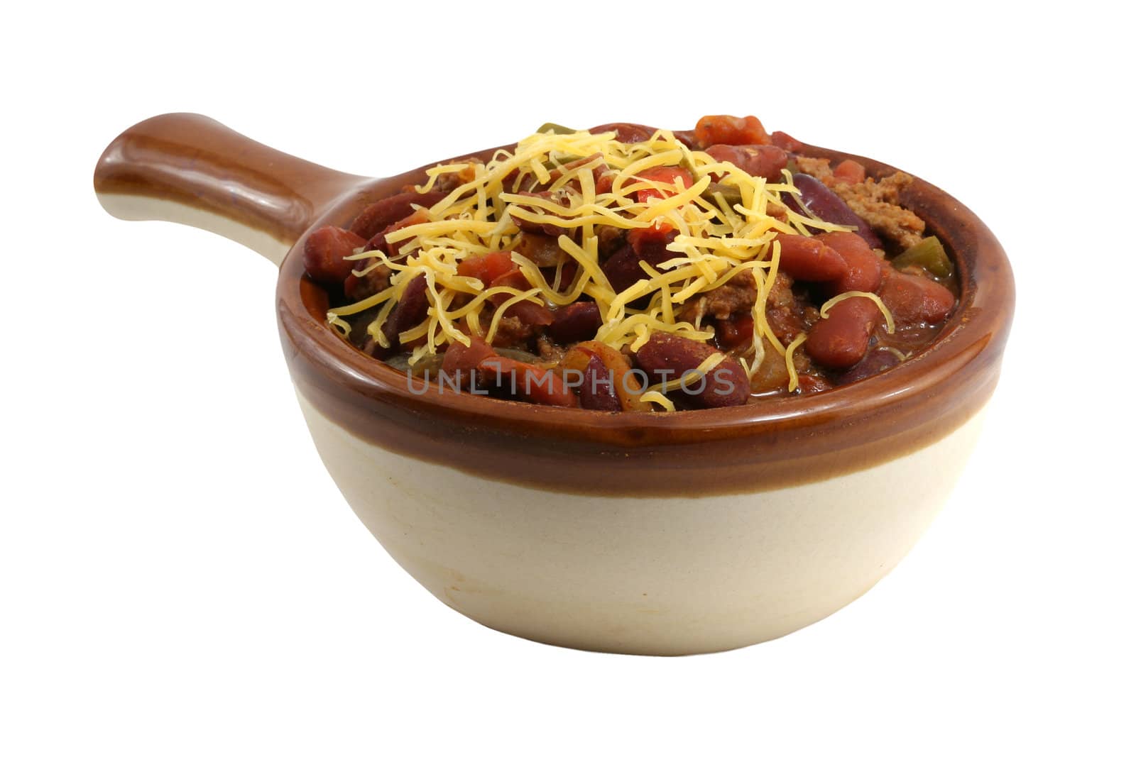 A isolated crock of chili with cheese