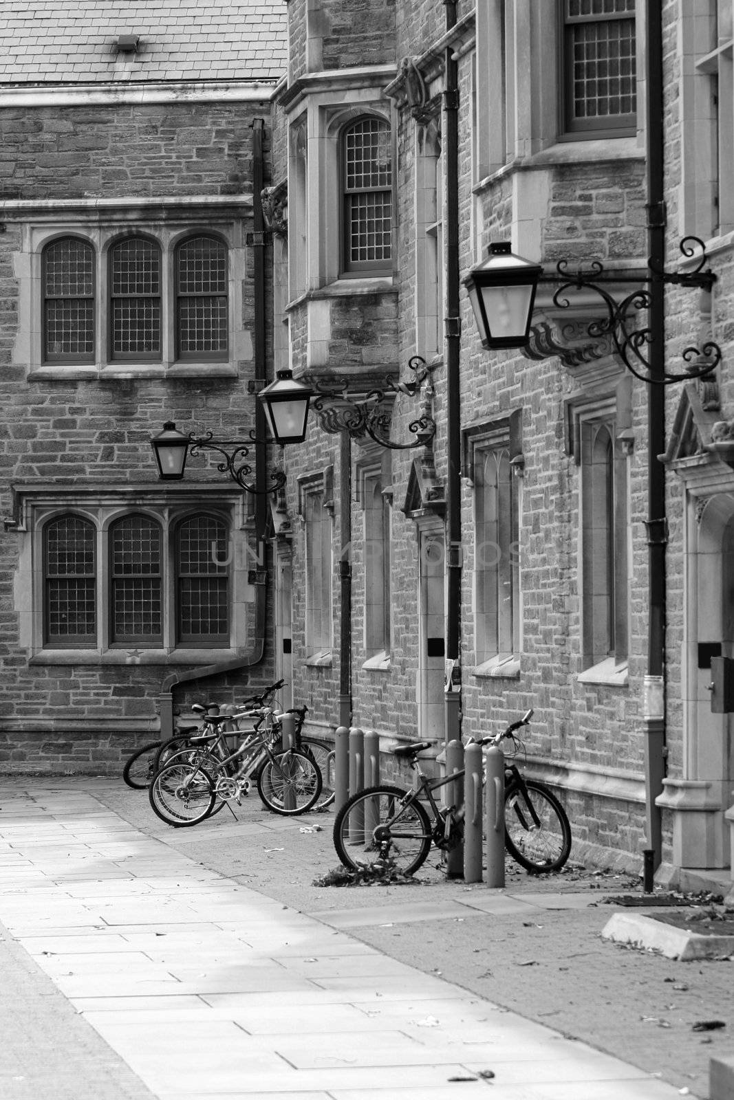 Some bicycles parked outside a building