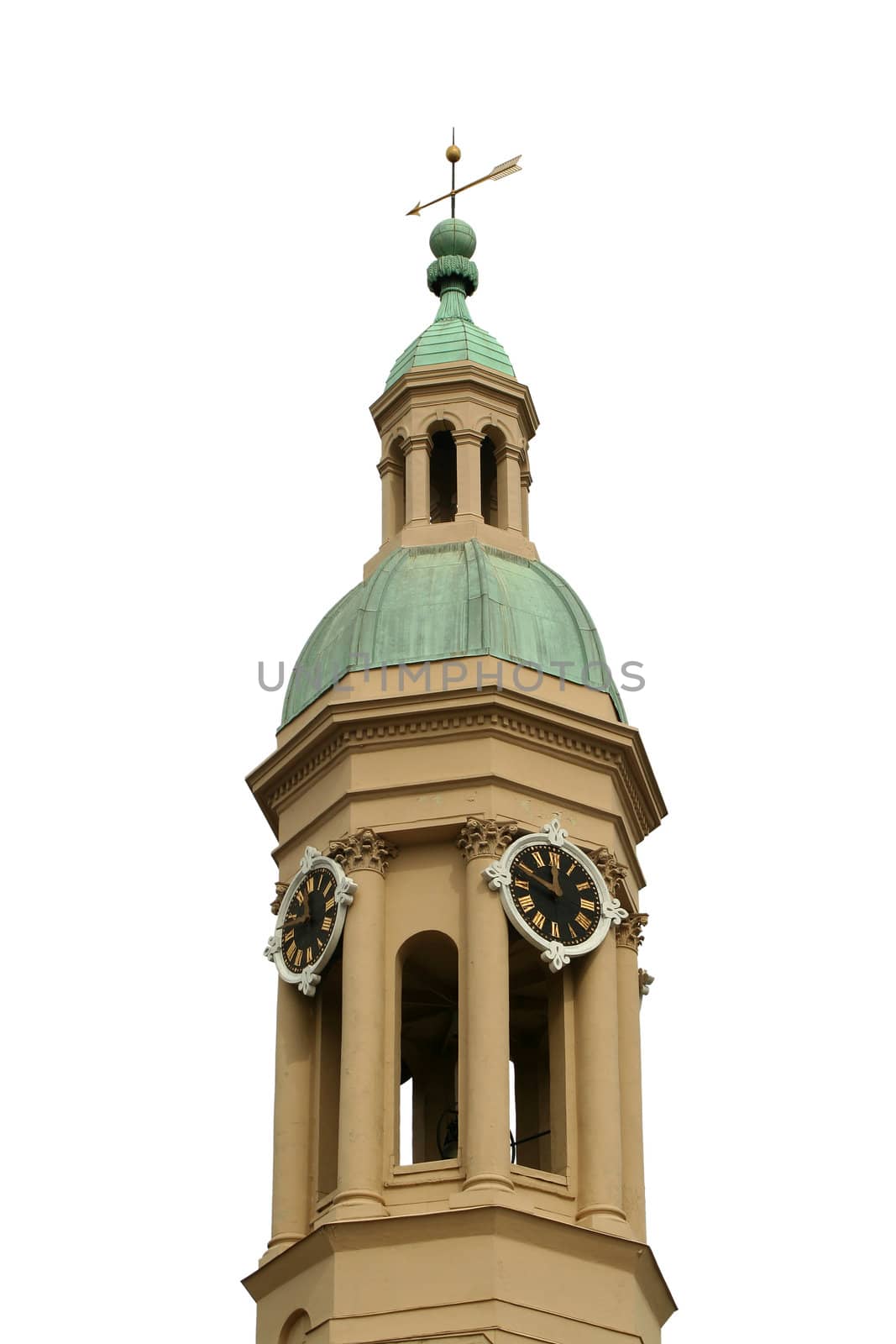 a isolated old bell tower with weather vane