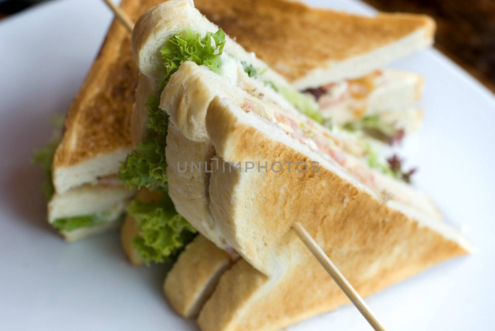 A toasted club sandwich photographed with a narrow depth of field
