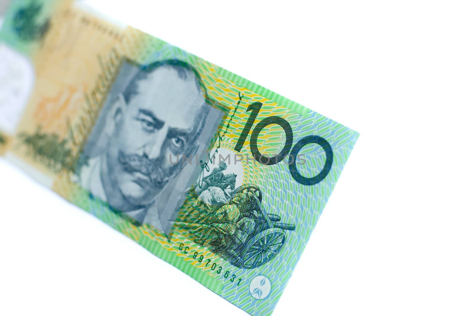 A single 100-dollar Australian bank note on a white background