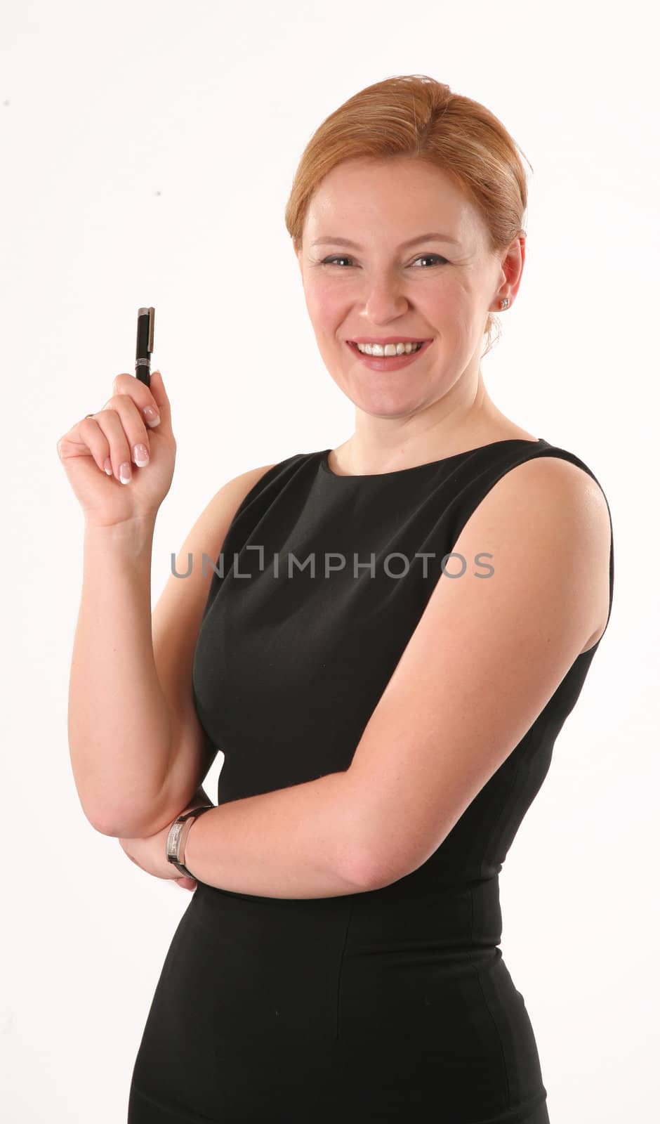 smiling woman with pen on white
