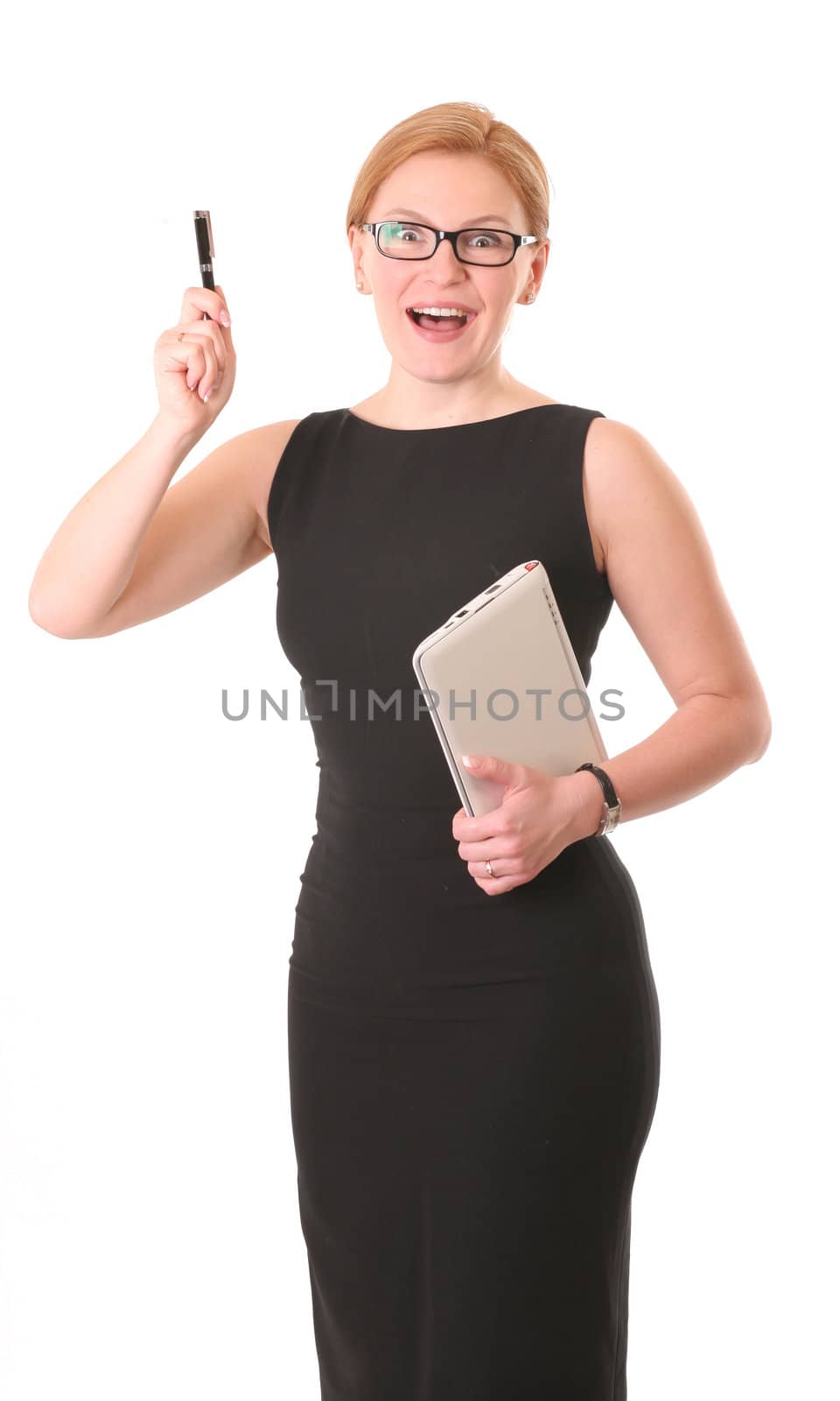 smiling woman in glasses  with pen and notebook
