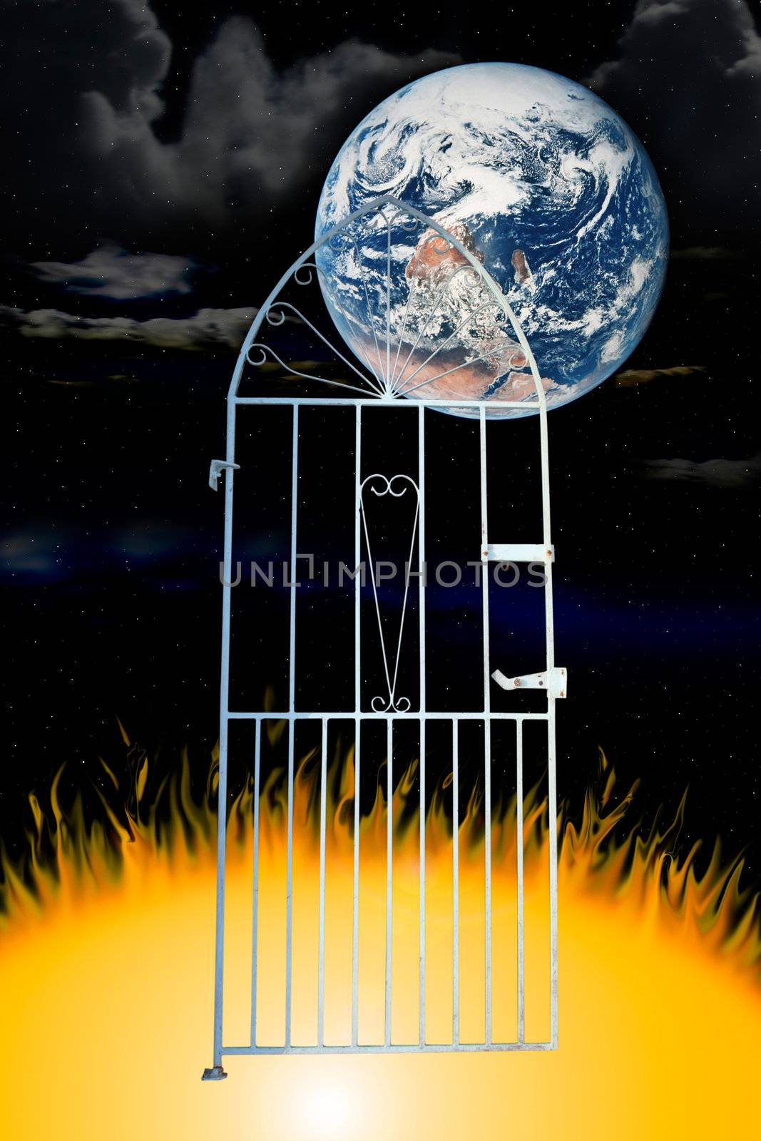 a white wrought iron gate against a galaxy background (with clipping path) depicting to hell and back