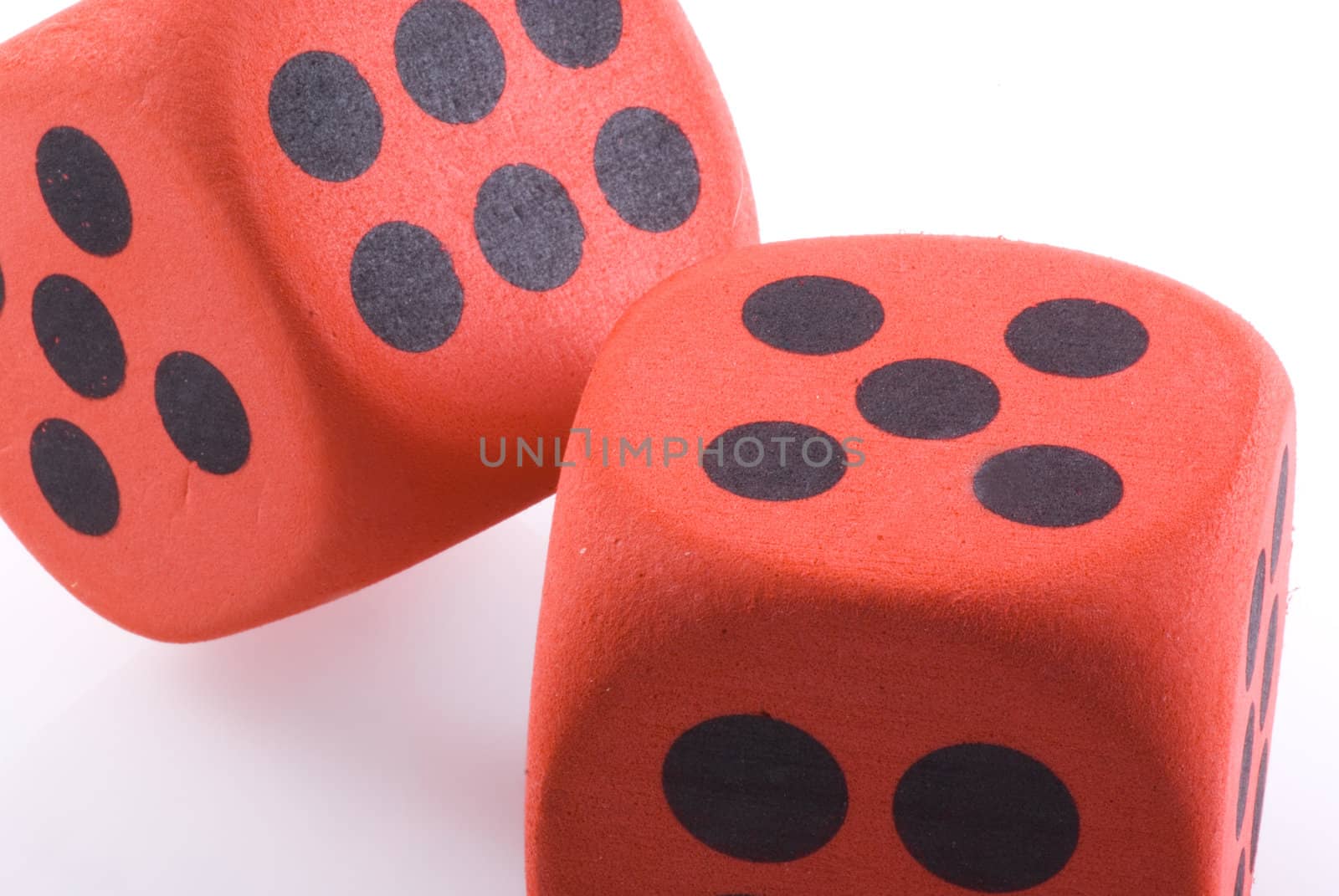 Close up of two dice on a white background.