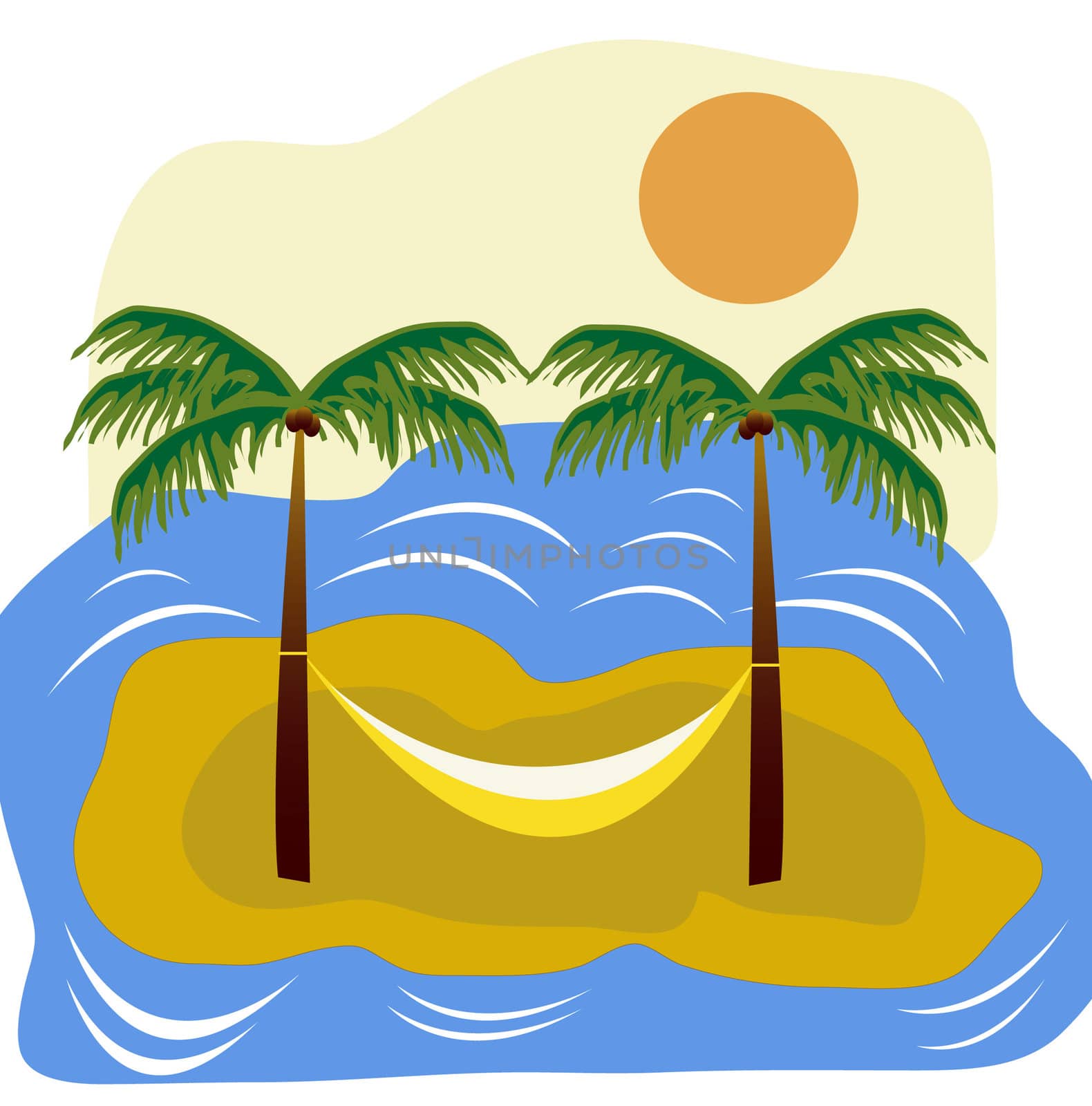 Tropical island with palm and clinging hammock to him