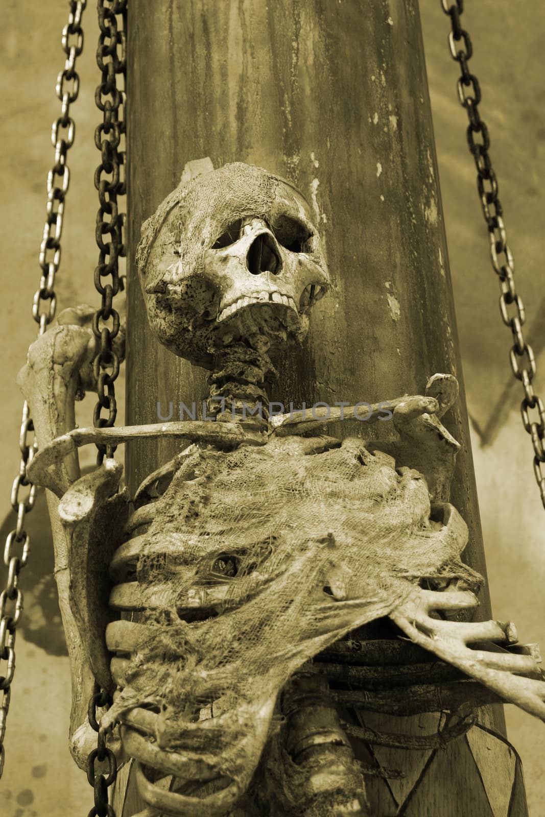 Chained up skeleton in sepia tone