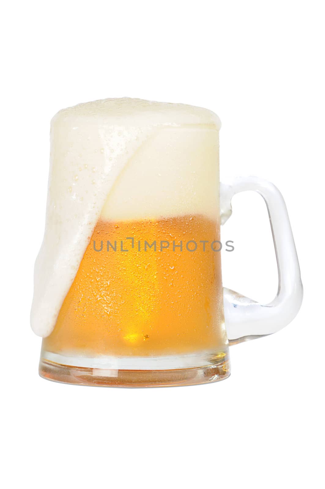 Cold beer mug on white background with path