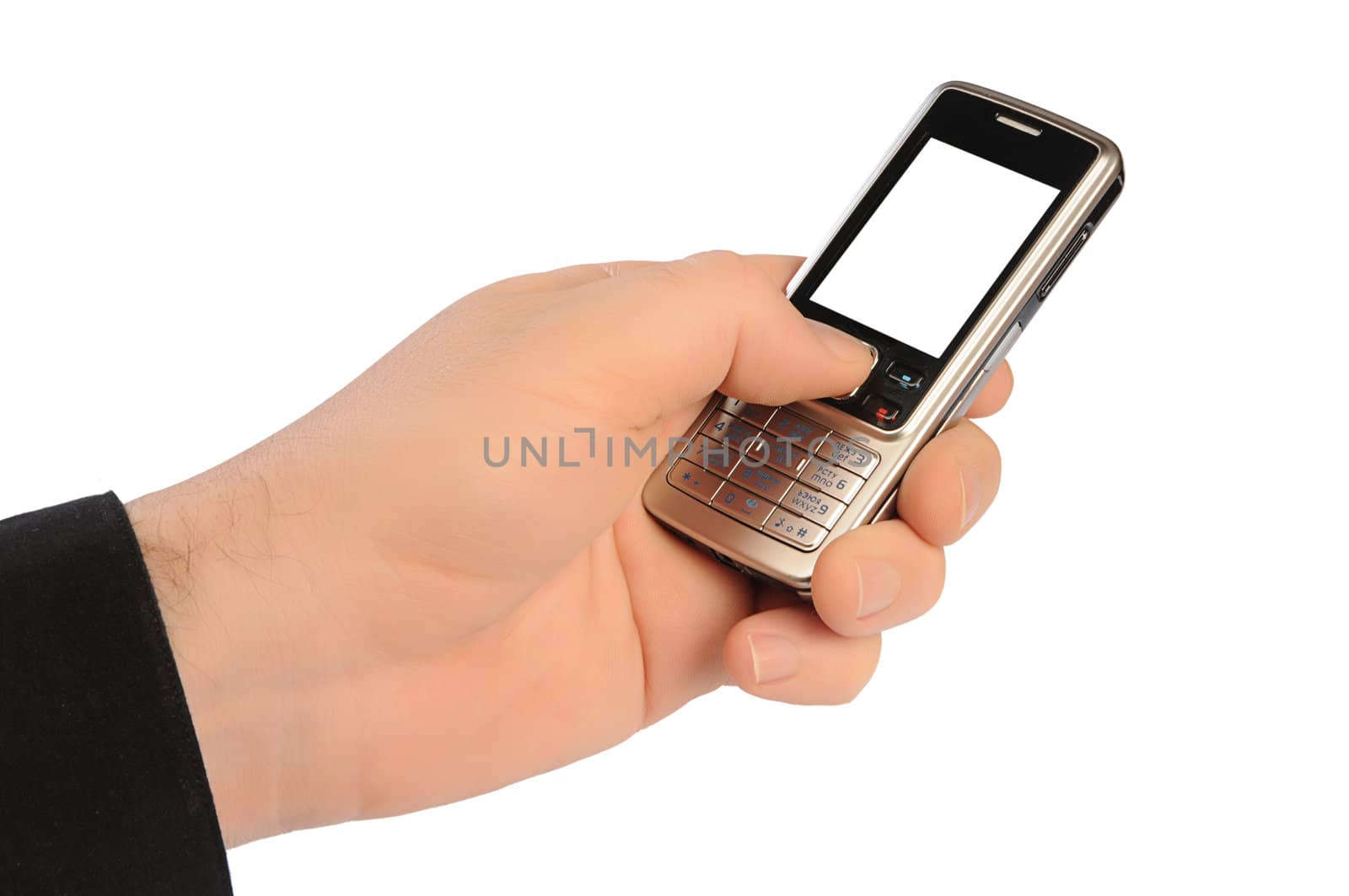 hand of man holds a mobile telephone with the white screen