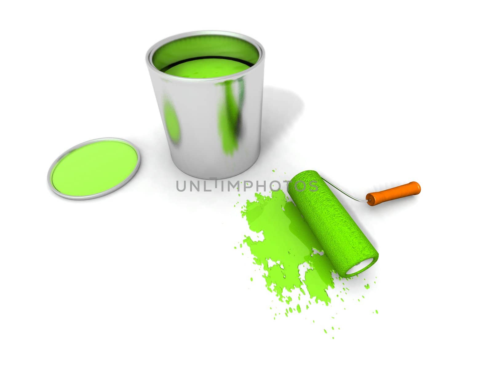 3D render of paint roller, green can and splashing