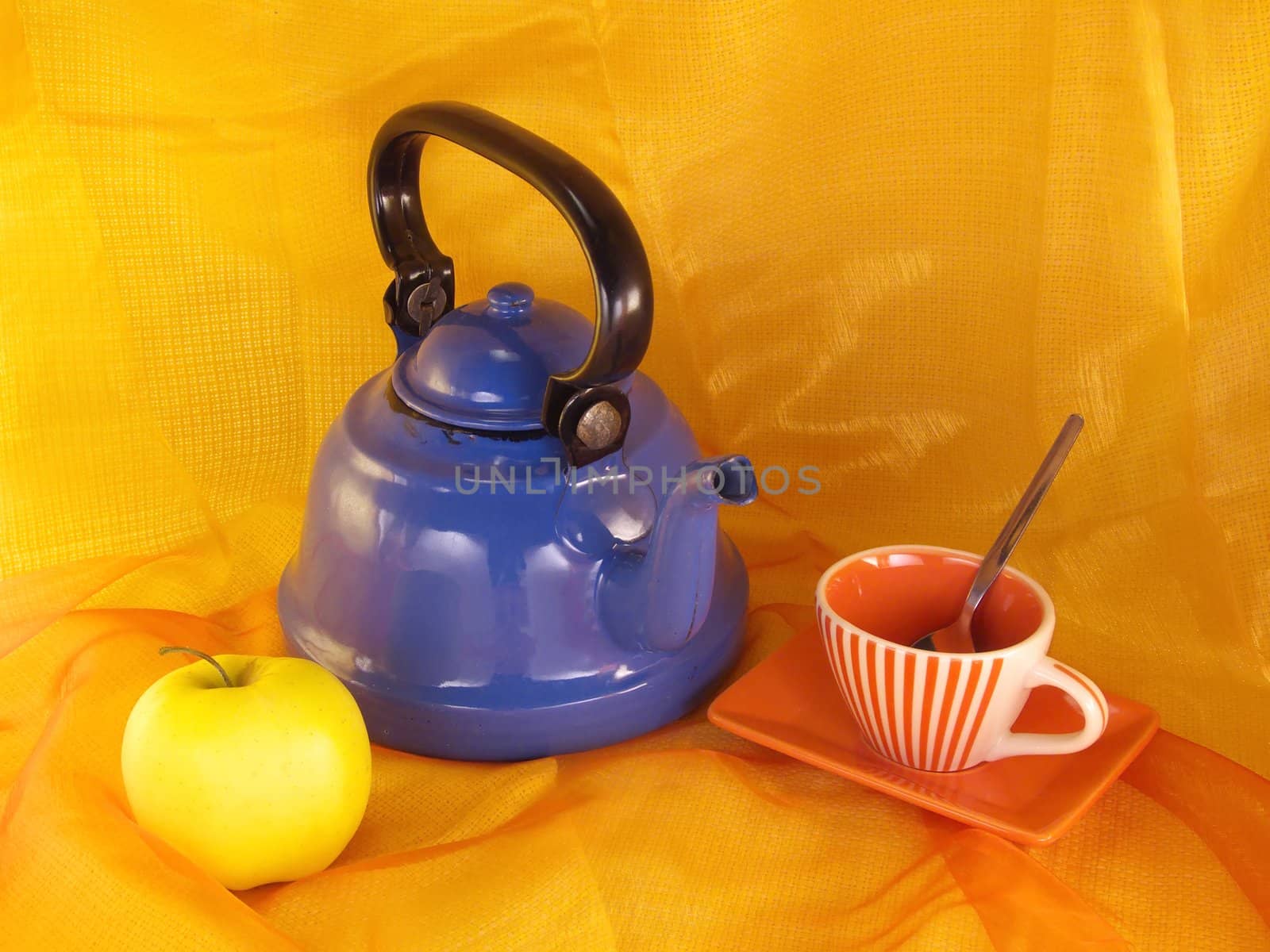 digital image of a still life with blue teapot